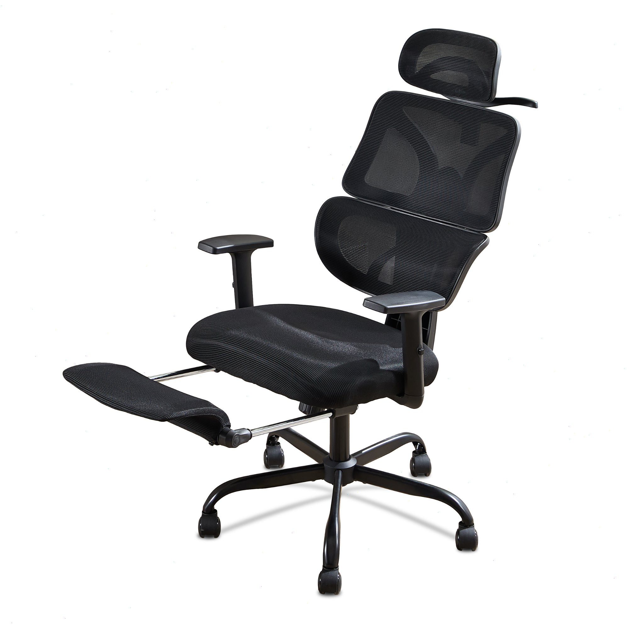 UEV Bürostuhl ergonomisch mit Fußstütze Mesh neigbar bis 135°,atmungsaktiver Stoff (Packung), Verstellbarer Kopfstütze/Armlehnen/Dynamischer Lordosenstütze
