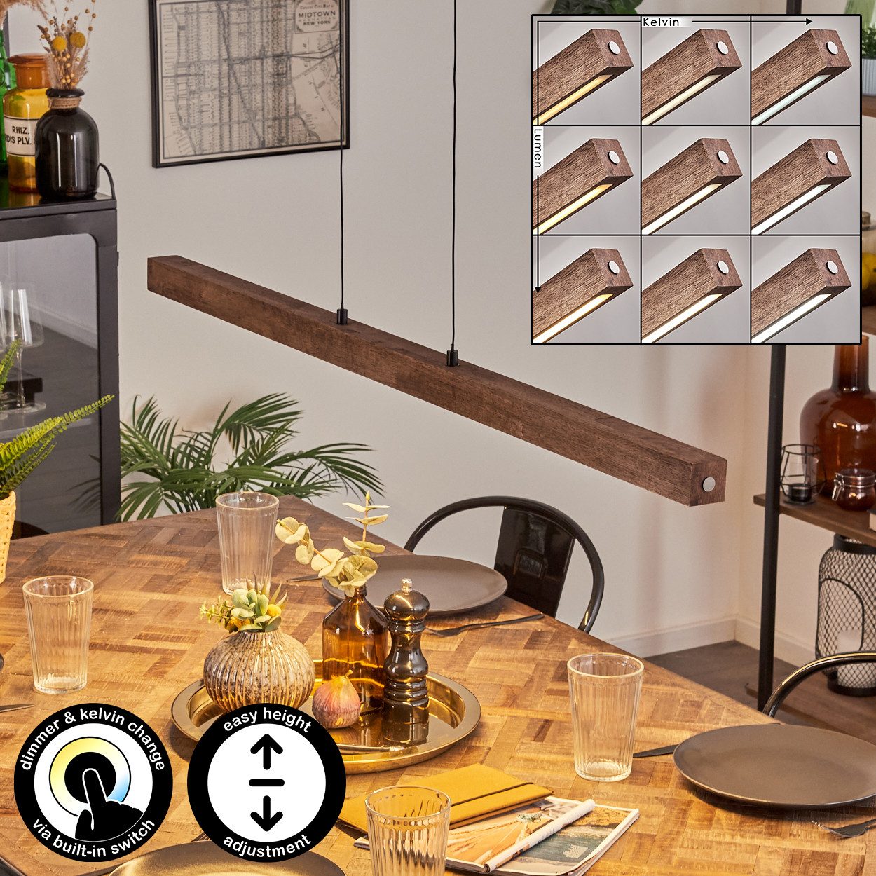 hofstein Pendelleuchte dimmbare Hängelampe aus Metall/Holz/Kunststoff in Schwarz/Dunkelbraun, LED wechselbar, 3000-6000 Kelvin, skandinavisches Design, Touchdimmer, LED 24 Watt, 2550 Lumen