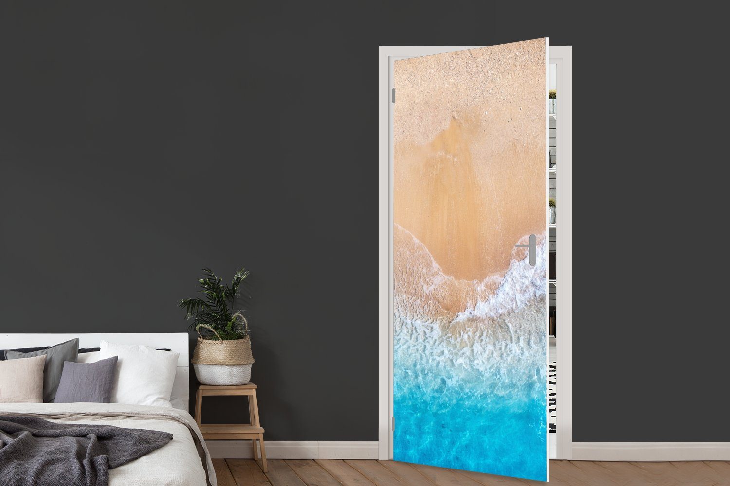 Sommer - für (1 Matt, - Tür, Meer bedruckt, Fototapete Sand Blau St), MuchoWow Türaufkleber, 75x205 Türtapete - Strand Wellen, - - cm