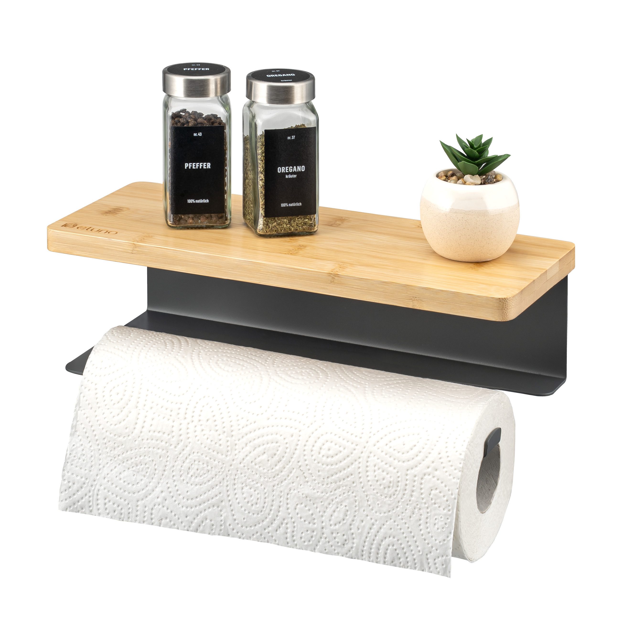 eluno Wandrollenhalter Küchenrollenhalter mit Bambusablage zur Wandmontage, (1-St., zum Kleben sowie Bohren), mit Bambusablage