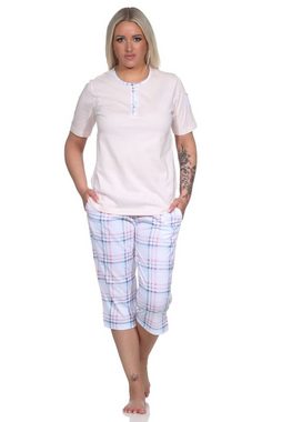 Normann Pyjama Damen Schlafanzug kurzarm mit karierter Capri Hose aus Jersey