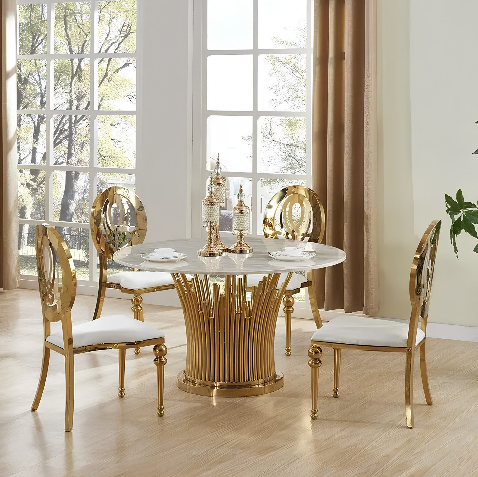 JVmoebel Essgruppe Rund Edelstahl Tisch Runde 5tlg Runder Esszimmer Tisch + 4 Stühle, Made in Europa