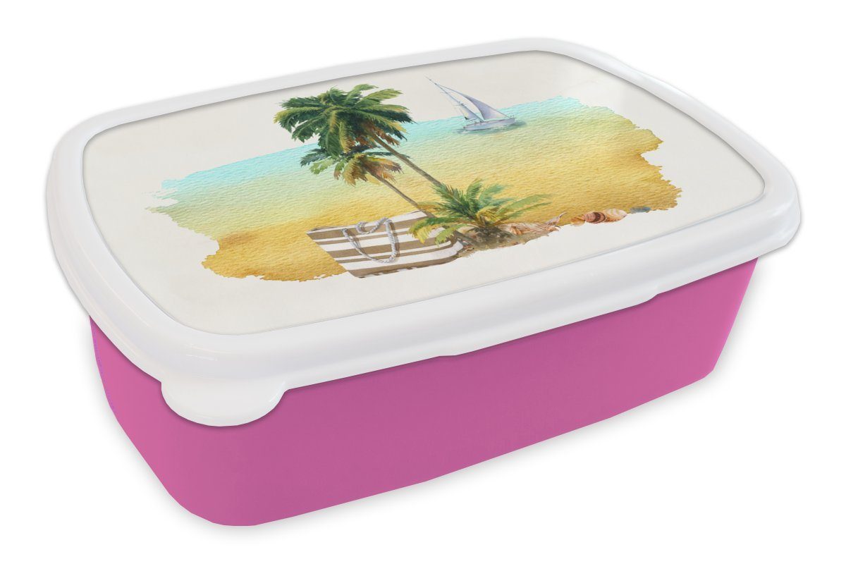 MuchoWow Lunchbox Tasche - Boot Kunststoff, Kunststoff (2-tlg), Palme, rosa für Kinder, Brotdose Erwachsene, Mädchen, Brotbox - Snackbox