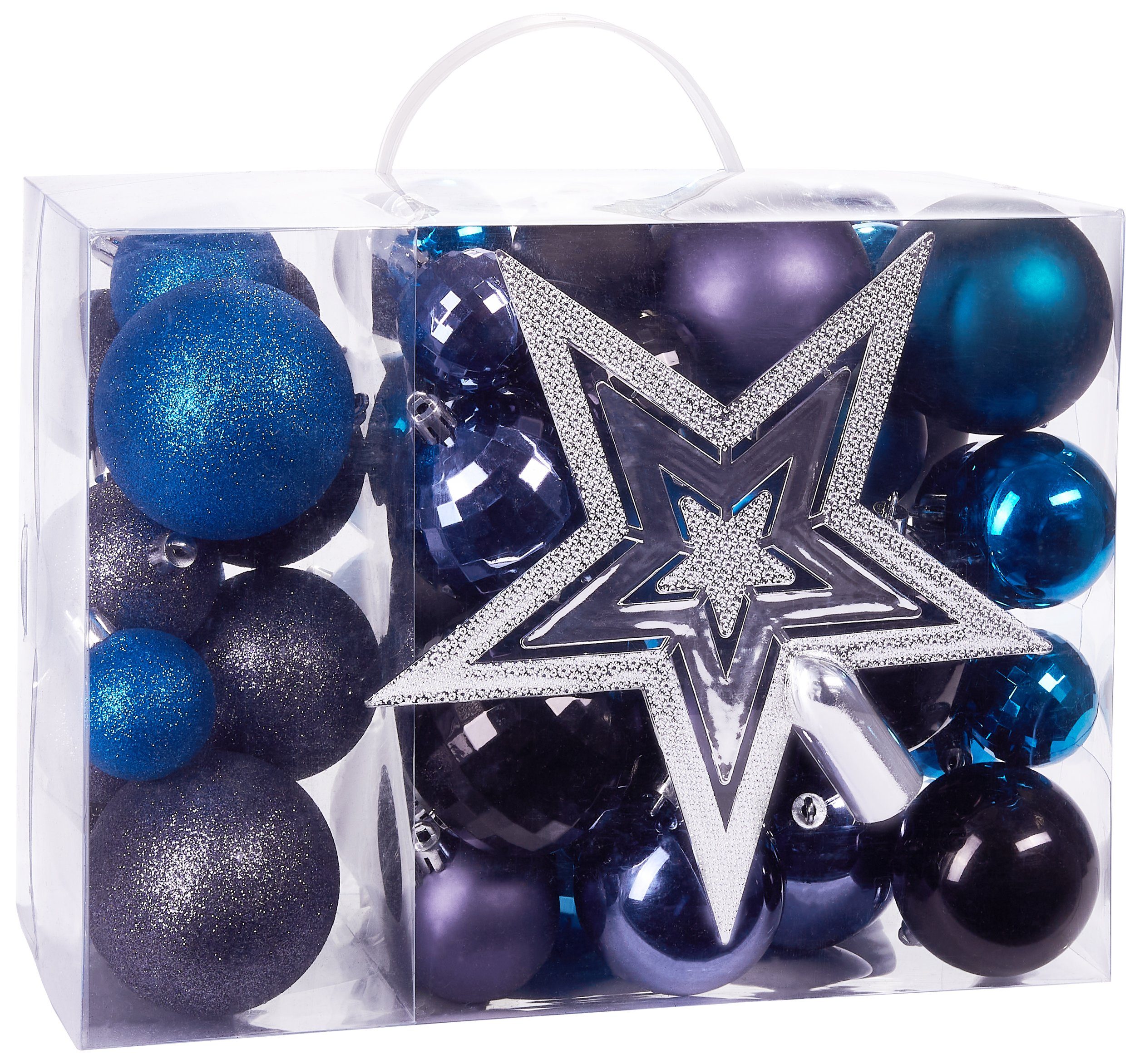 BRUBAKER Weihnachtsbaumkugel 50-teiliges Weihnachtskugel-Set mit Blau Schwarz, Baumspitze, Kunststoff, und robust Lila edel Weihnachtsdekoration Christbaumschmuck und aus