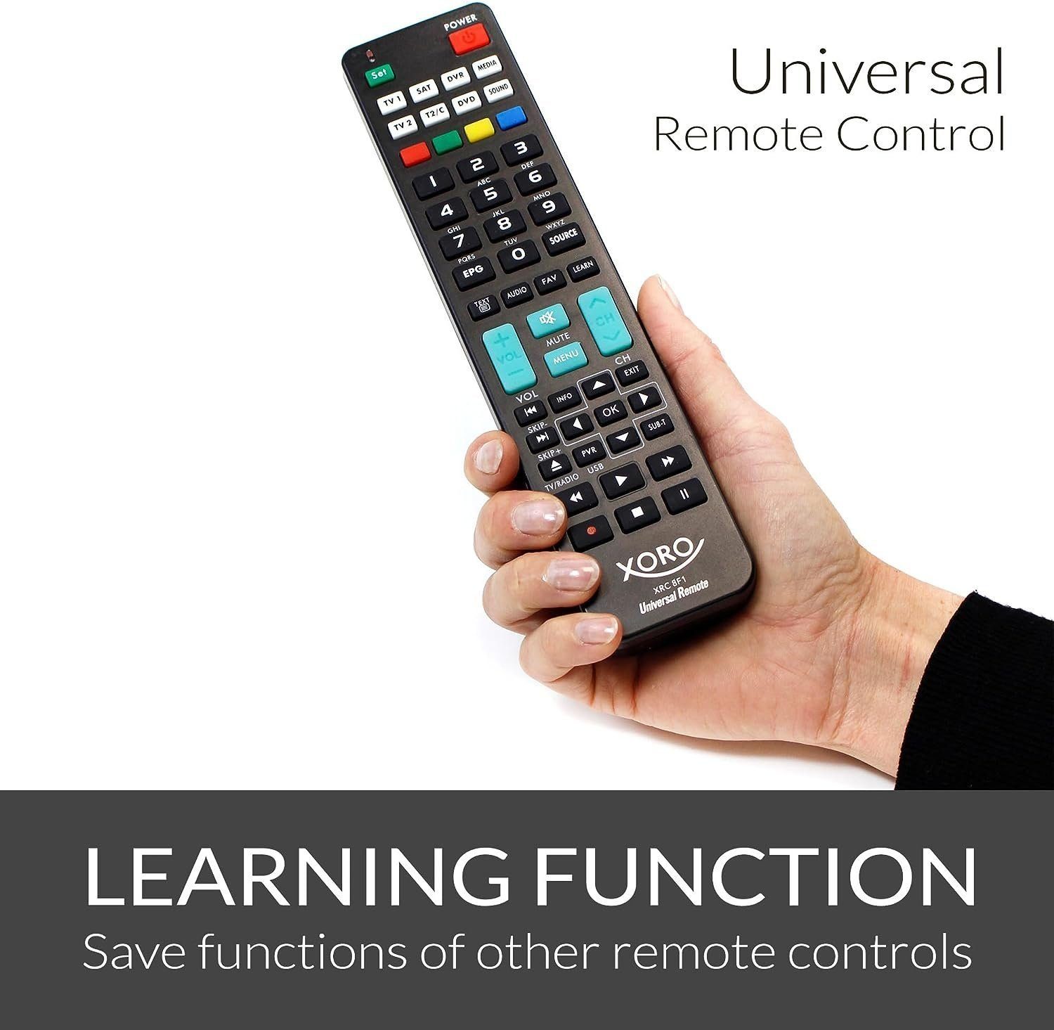 Xoro XRC 8F1 Universalfernbedienung für bis zu 8 Geräte Universal-Fernbedienung (8-in-1, Geeignet zum Ersatz mehrerer Originalfernbedienungen)