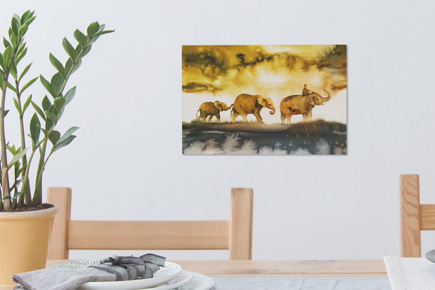 Wanddeko, Leinwandbild OneMillionCanvasses® - Gelb, Leinwandbilder, (1 Wandbild Aquarell Elefanten cm 30x20 St), Aufhängefertig, -