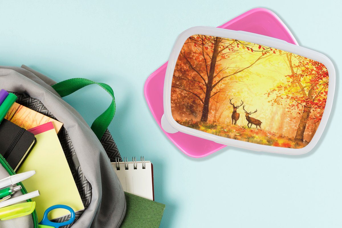 - Lunchbox Erwachsene, - Kunststoff Orange, Herbst Brotdose Mädchen, Kunststoff, Hirsche Ölfarbe MuchoWow Tiere - Natur rosa Snackbox, - (2-tlg), Brotbox für - Kinder,
