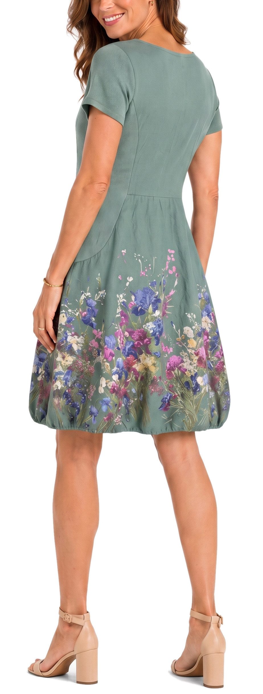 dy_mode Midikleid Damen Sommerkleid mit Blumenmuster Ballonkleid kurzarm Kurzarmkleid Leicht tailliert, 95 cm lang, Blumen-Print – Bild 2 von 5