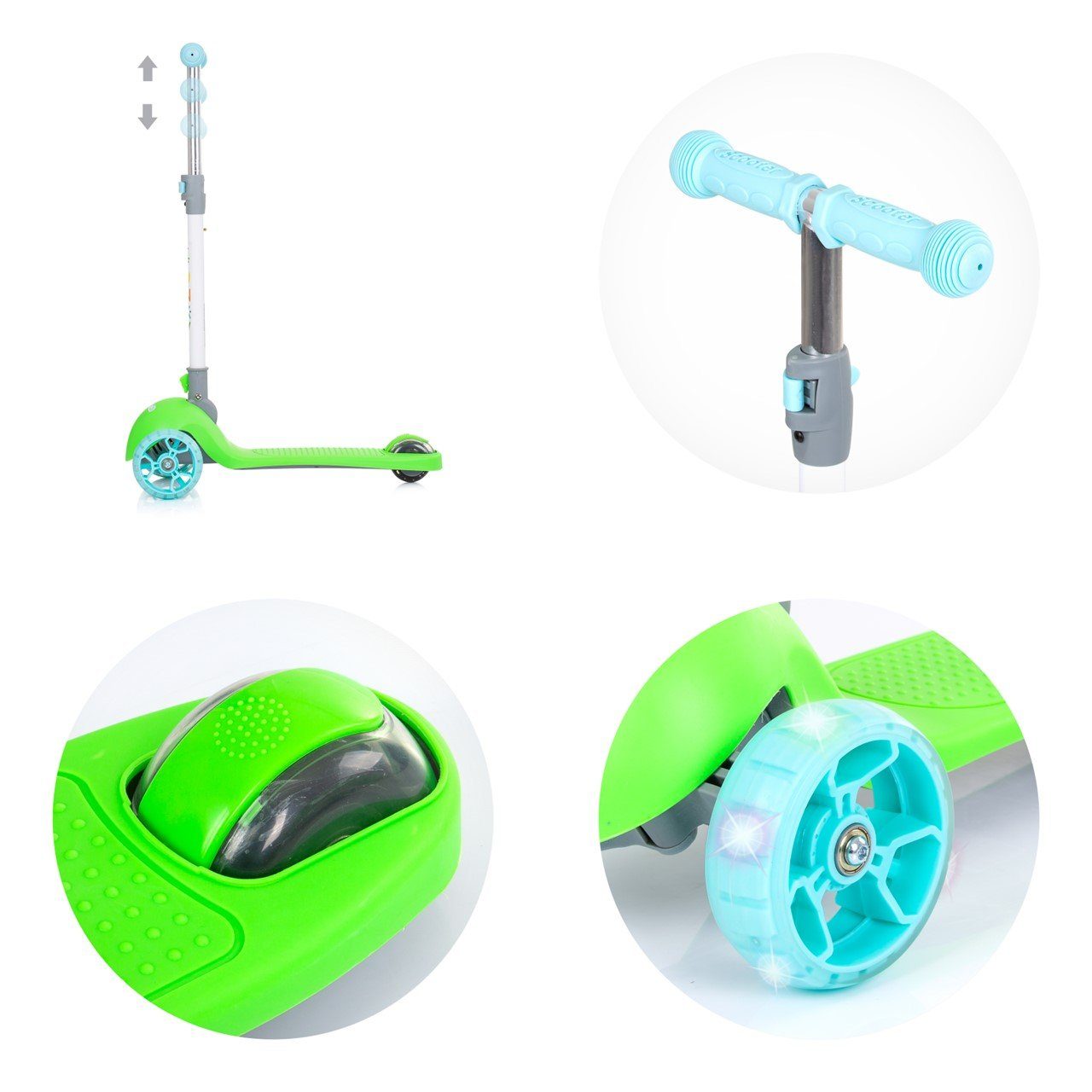 Räder, höhenverstellbar Kinderroller Cityroller 3 LED-Leuchten, Chipolino grün Lenker Funky