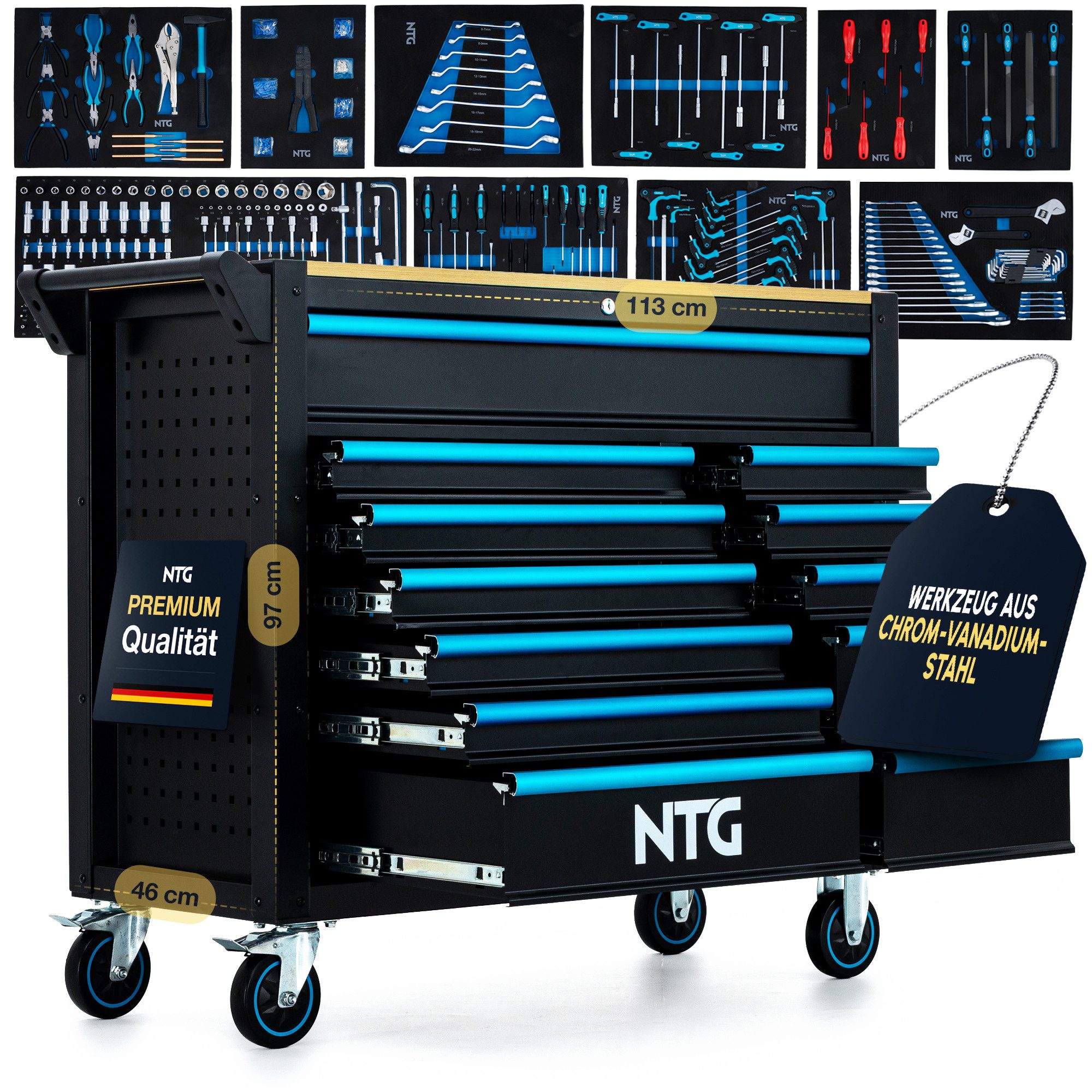 NTG Nutzfahrzeug Technik GmbH Werkzeugwagen Werkstattwagen XXL 471-tlg. mit Holzarbeitsplatte abschließbar, XXL, max. Traglast:450 kg, 471-tlg. Werkzeugset, (471-tlg), XXL Werkzeugwagen 12 Schubladen
