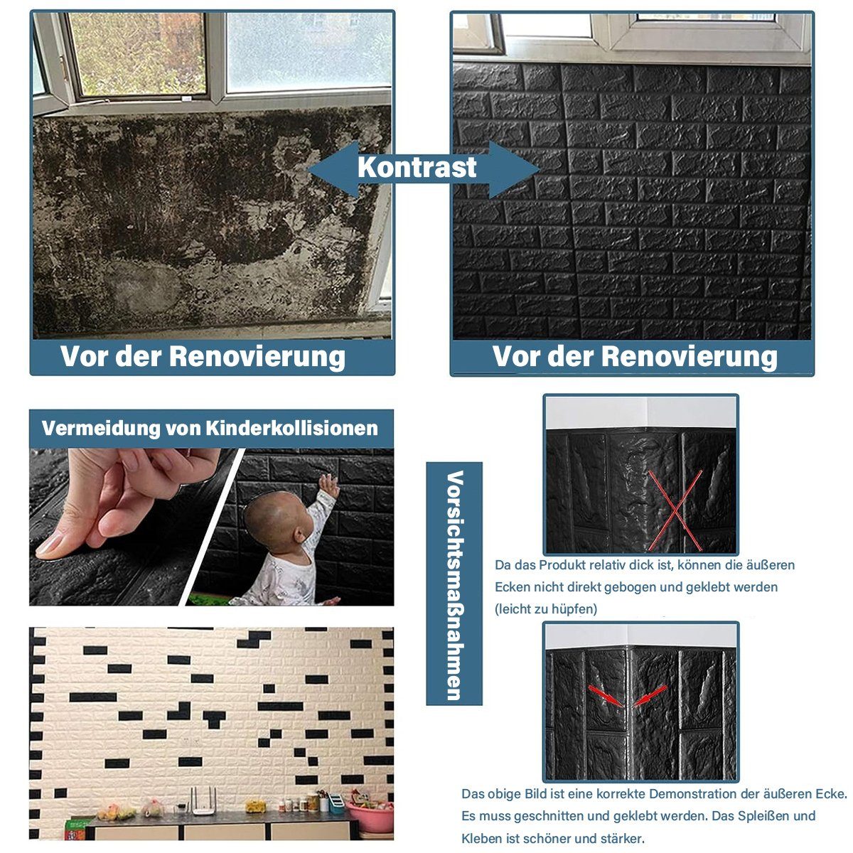 Selbstklebend,Wandtattoo 3D Schwarz Küche Wanddeko Wandtattoo Jormftte Wandpaneele für Ziegelstein