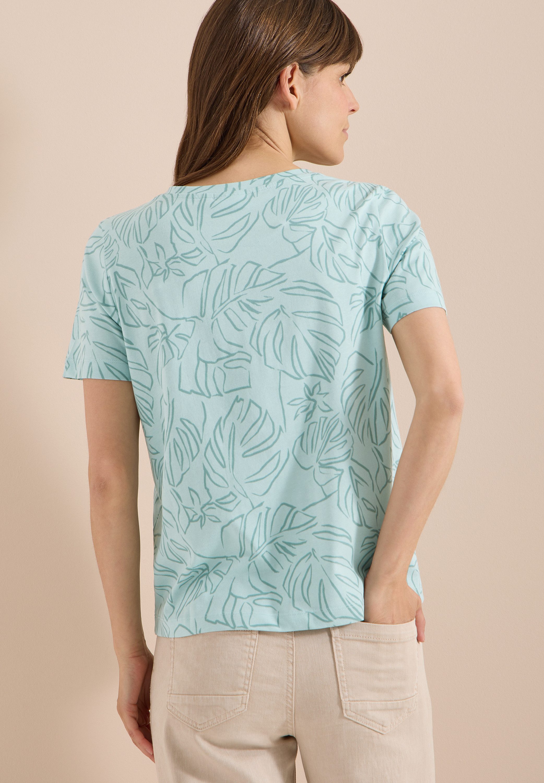 CECIL Kurzarmshirt Sommershirt mit Rundhals und Blätterprint