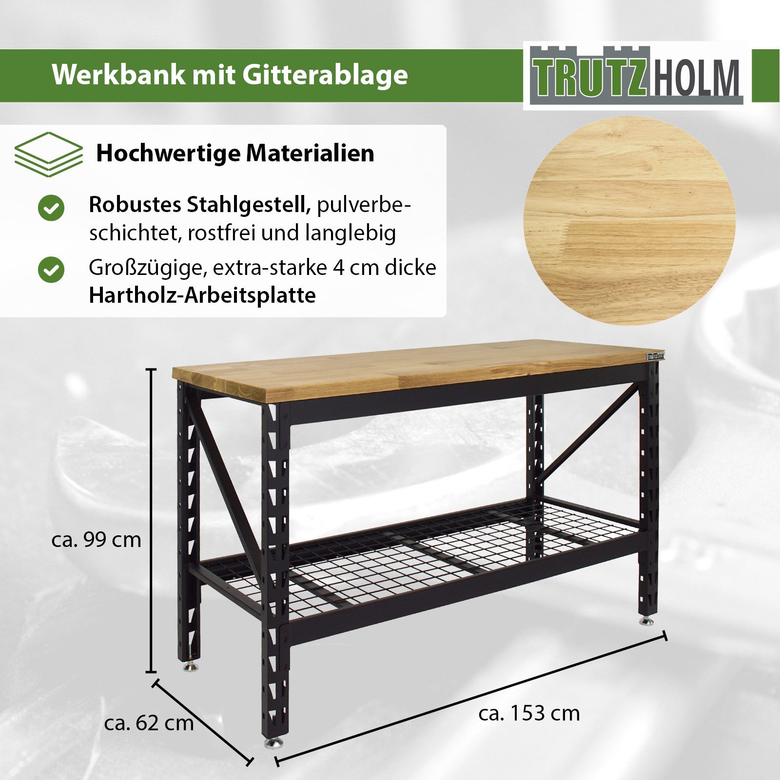 TRUTZHOLM Werkbank 153x62x99 cm 500 kg Stahlgestell Hartholzplatte Werktisch Arbeitstisch