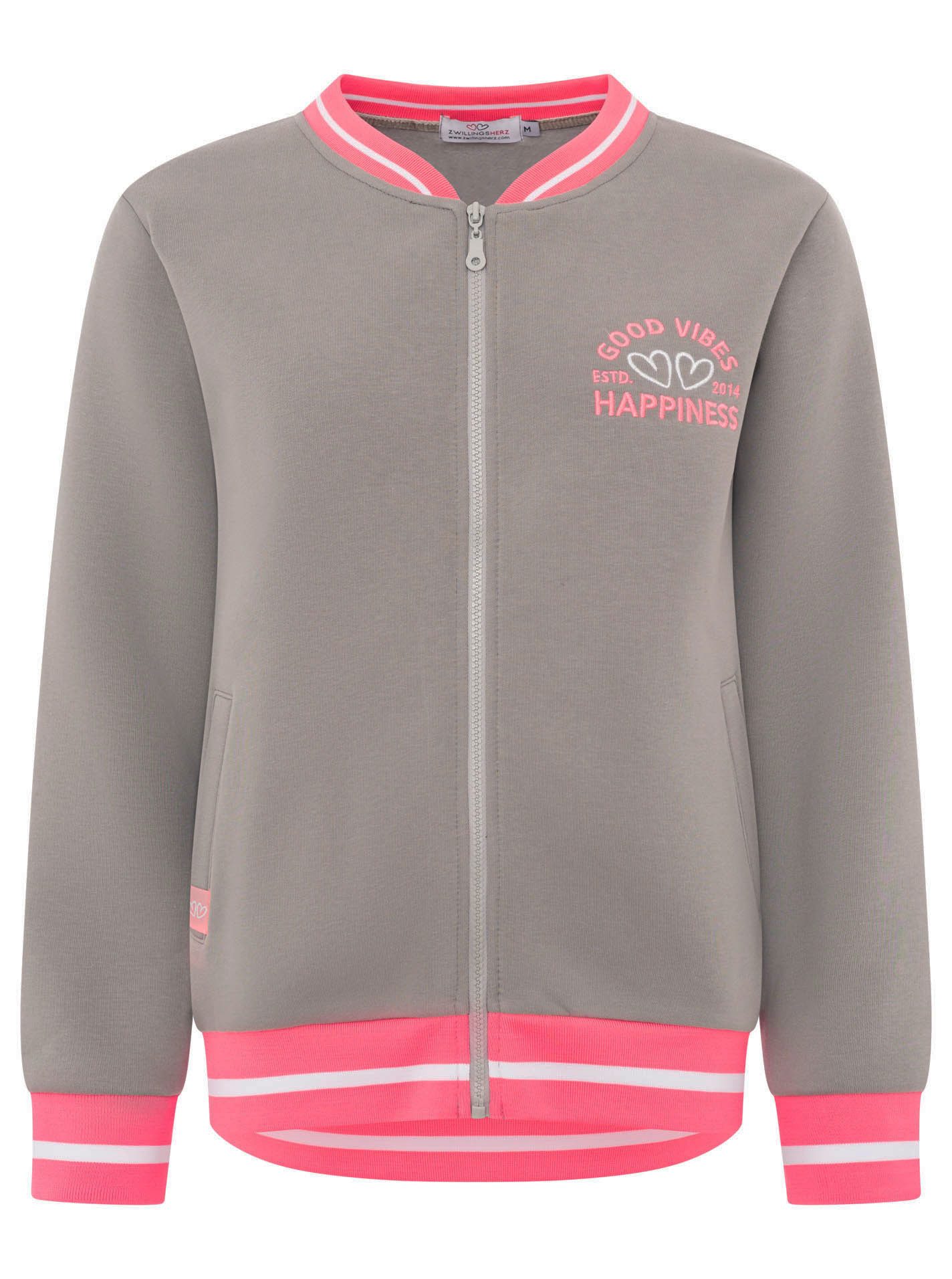 Zwillingsherz Sweatjacke "College" Reißverschluss, gestreiften Rippbündchen, Eingriffstaschen, Stickerei