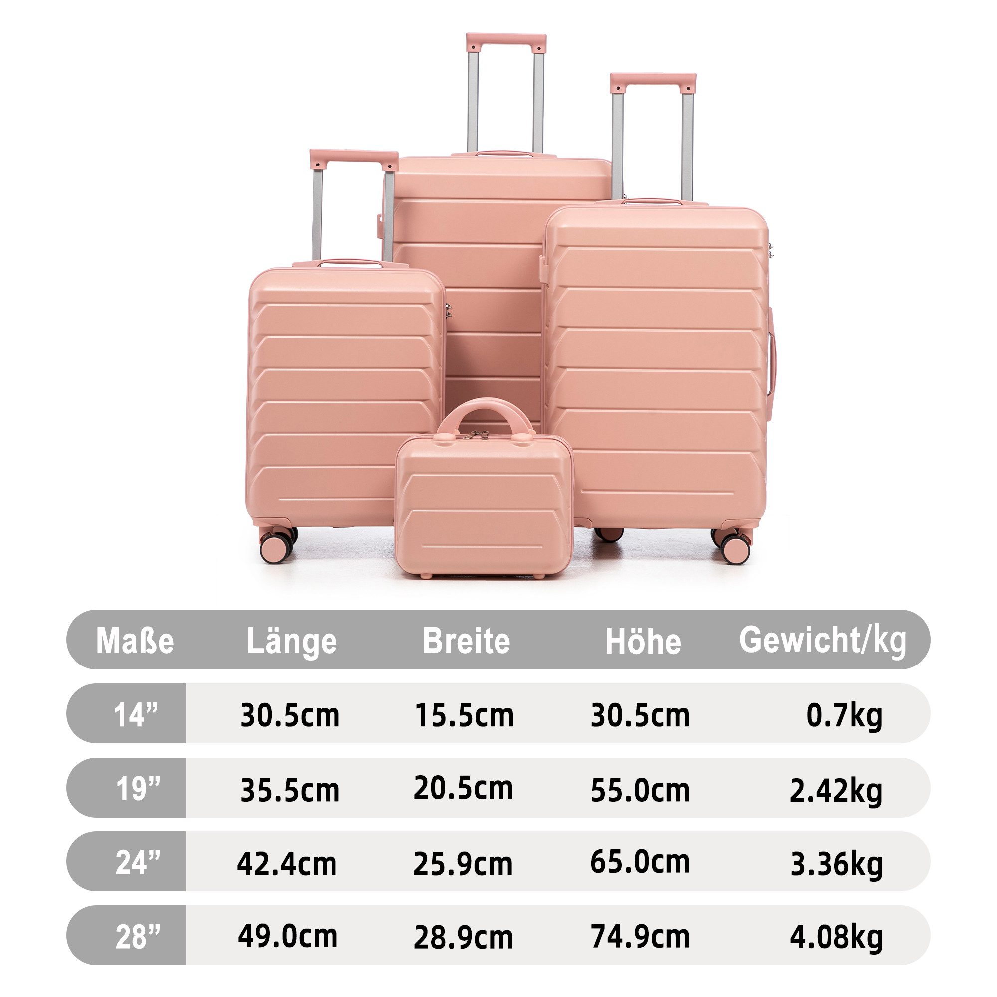 i@home Kofferset 14"/19"/24"/28" 4-teiliger Koffer, 4 Rollen, (4 tlg., 1 Kosmetiktasche, 1 Handgepäck, 2 Aufgabegepäck), zwei Größen mit Seitenhandgriffen, Aufhängehaken & Schutzfüßen