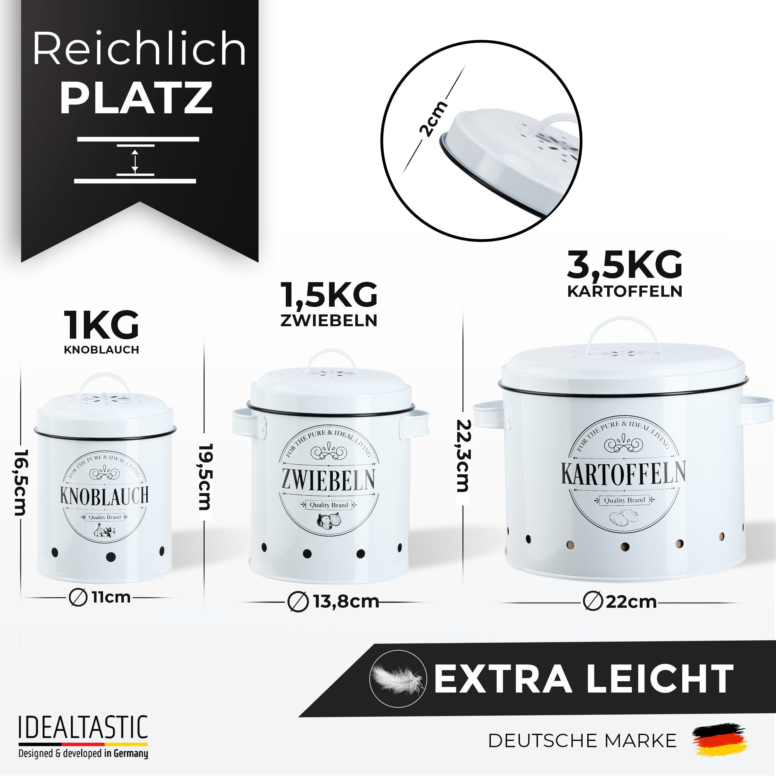 IDEALTASTIC Vorratsdose Premium Kartoffel Aufbewahrung, Zwiebel, Knoblauch Aufbewahrungsbox, Legirter Stahl, langlebig, Extra leicht, (Set, 3-tlg., 3-teiliges S – Bild 2 von 5