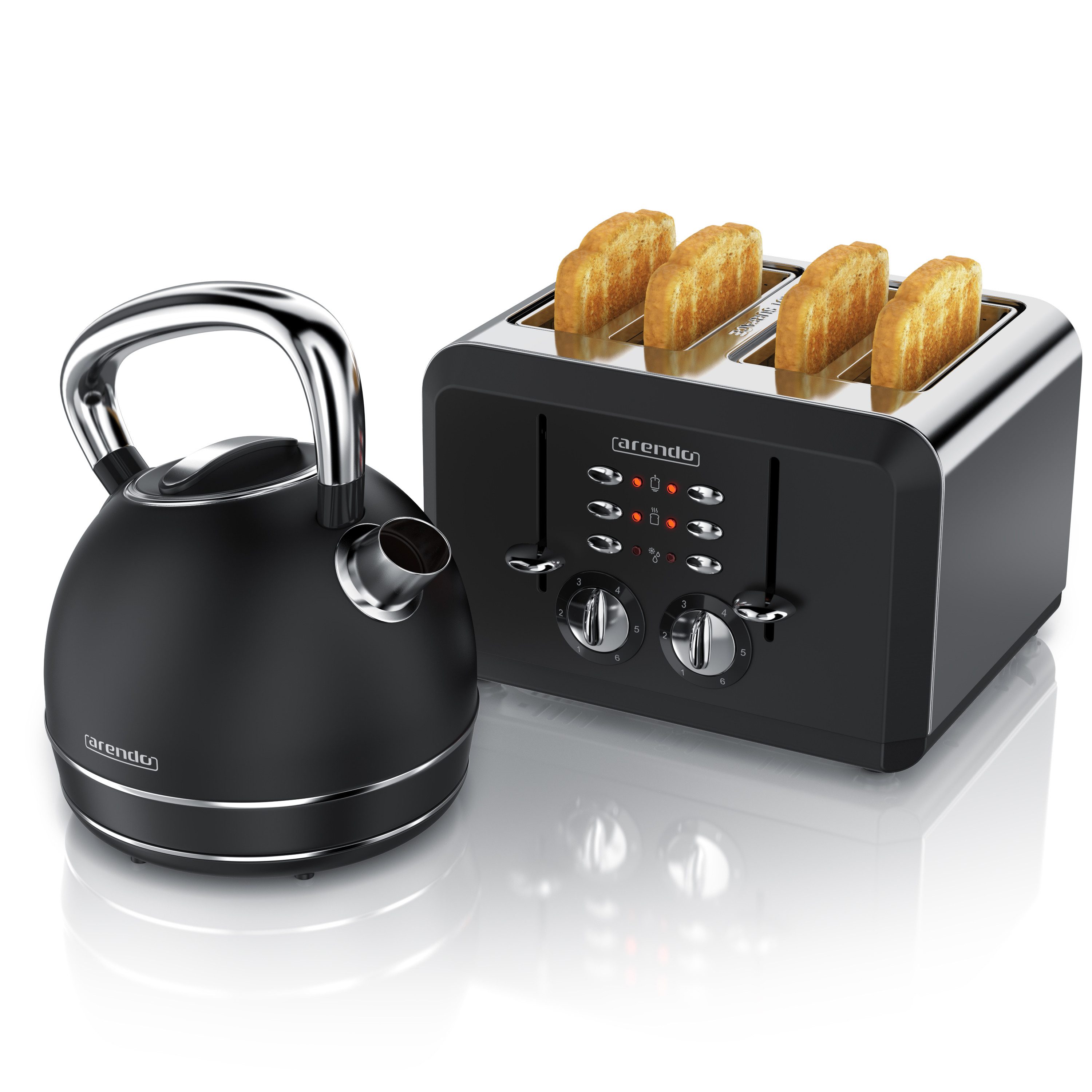 Arendo Frühstücks-Set Edelstahl Wasserkocher 1,7l, 4-Scheiben Kurzschlitz Toaster, schwarz (2-tlg), Frühstücksset, Wasserkocher Retro, Toaster Vintage, 2 Rösteinheiten