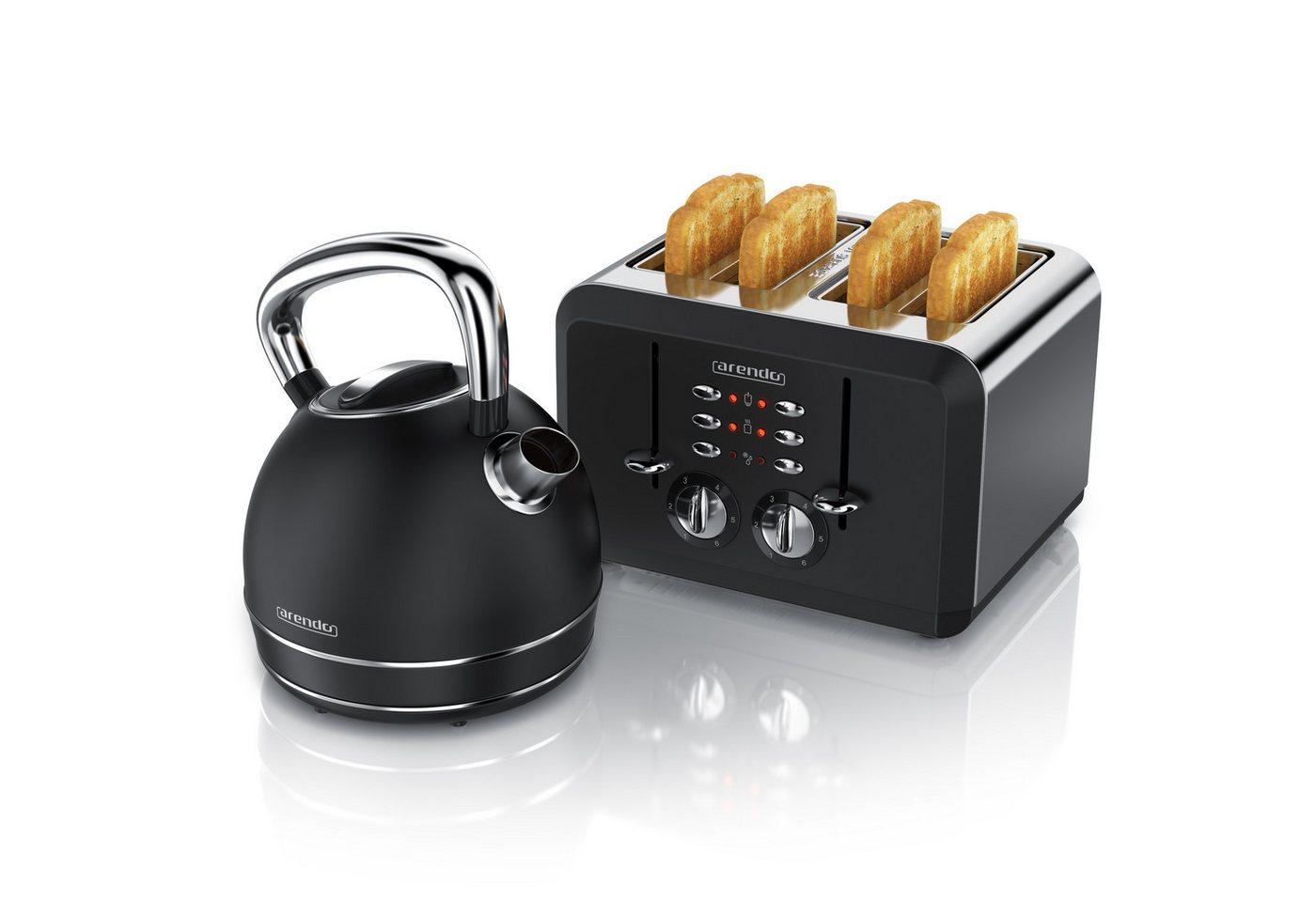 Arendo Frühstücks-Set Edelstahl Wasserkocher 1,7l, 4-Scheiben Kurzschlitz Toaster, schwarz (2-tlg), Frühstücksset, Wasserkocher Retro, Toaster Vintage, 2 Rösteinheiten
