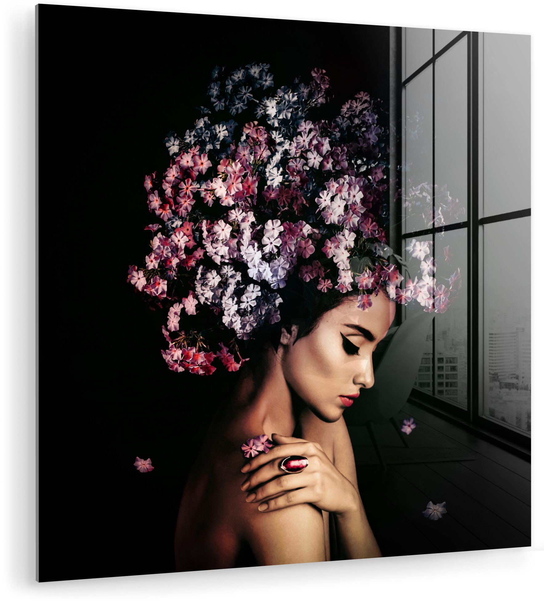 MuchoWow Acrylglasbild Blossom - Frau - Rosa - Luxus, Inkl. Aufhängung, Bilder auf Glas Wandbild, Wanddeko Wohnzimmer Badezimmer, 20x20 cm