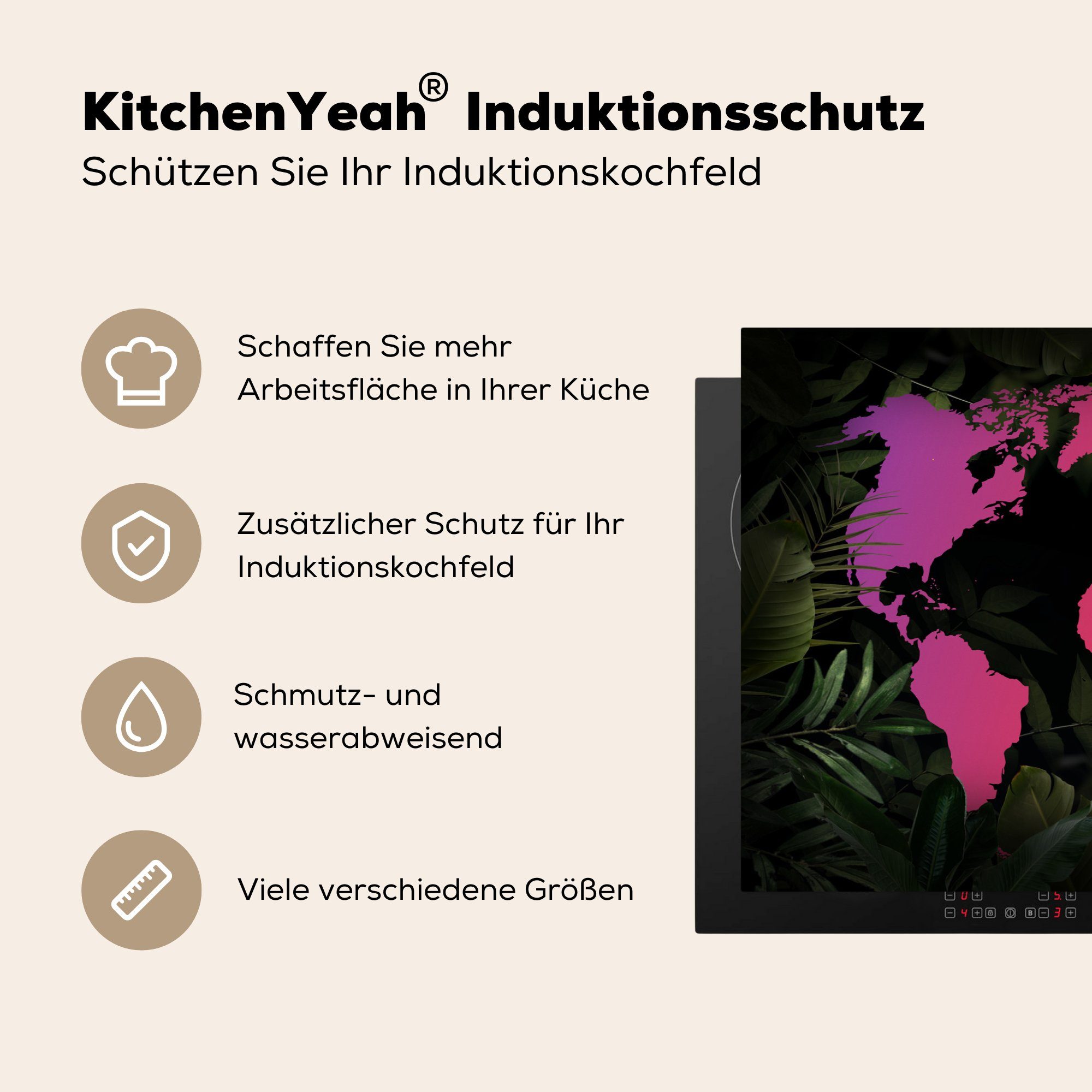 Induktionskochfeld 81x52 (1 Vinyl, Farben MuchoWow - Schutz Herdblende-/Abdeckplatte küche, - tlg), die Pflanzen, Ceranfeldabdeckung für Weltkarte cm,