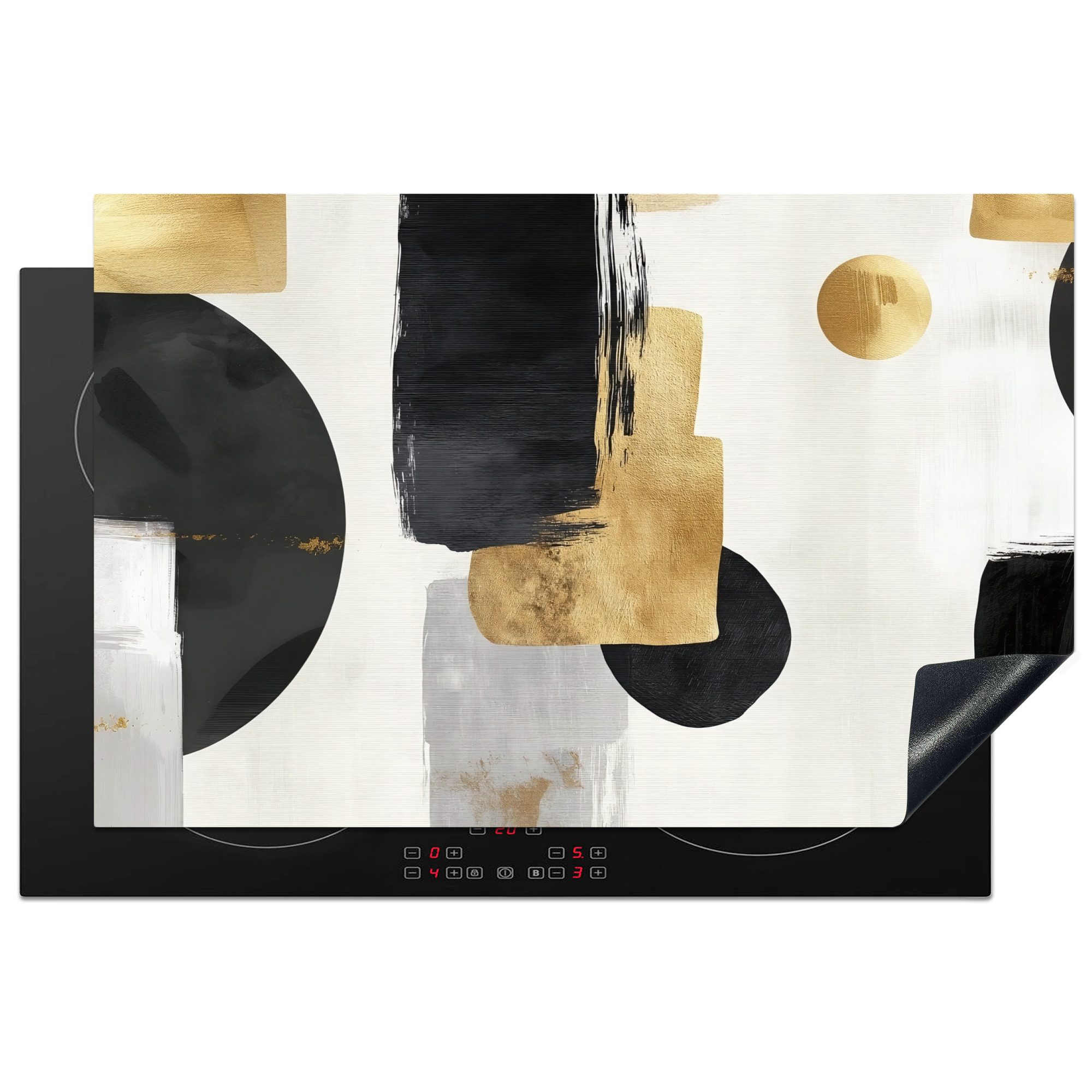 MuchoWow Herd-Abdeckplatte Gold - Rechtecke - Kreise - Abstrakt, Vinyl, (1 tlg), Kochfeld Abdeckung Ceranfeld, Induktionsschutzmatte, 81x52 cm
