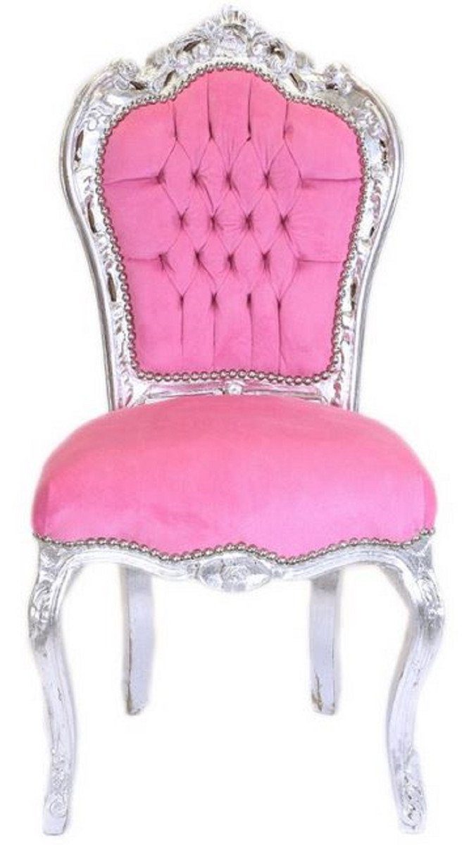 Casa Padrino Esszimmerstuhl Casa Padrino Barock Esszimmer Stuhl Rosa / Silber - Handgefertigter Antik Stil Stuhl mit edlem Samtstoff - Esszimmer Möbel im Barockstil - Barock Möbel