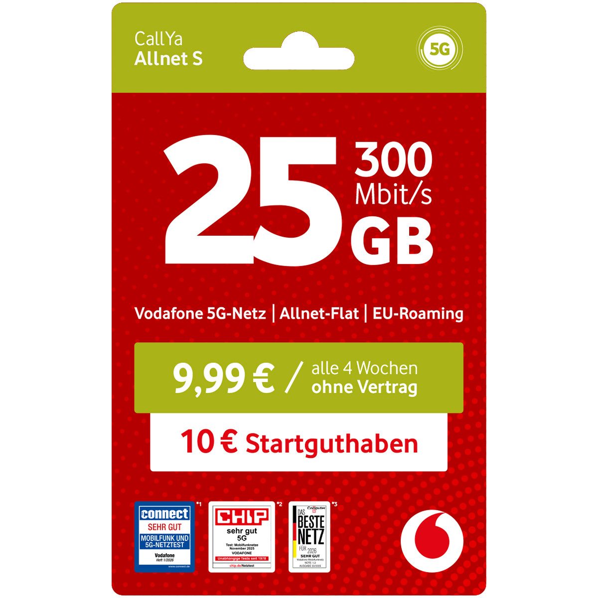 Vodafone CallYa Allnet S Prepaidkarte, (Jetzt 25 GB, 10 € Startguthaben, ohne Vertrag, 5G, Allnet-Flat)
