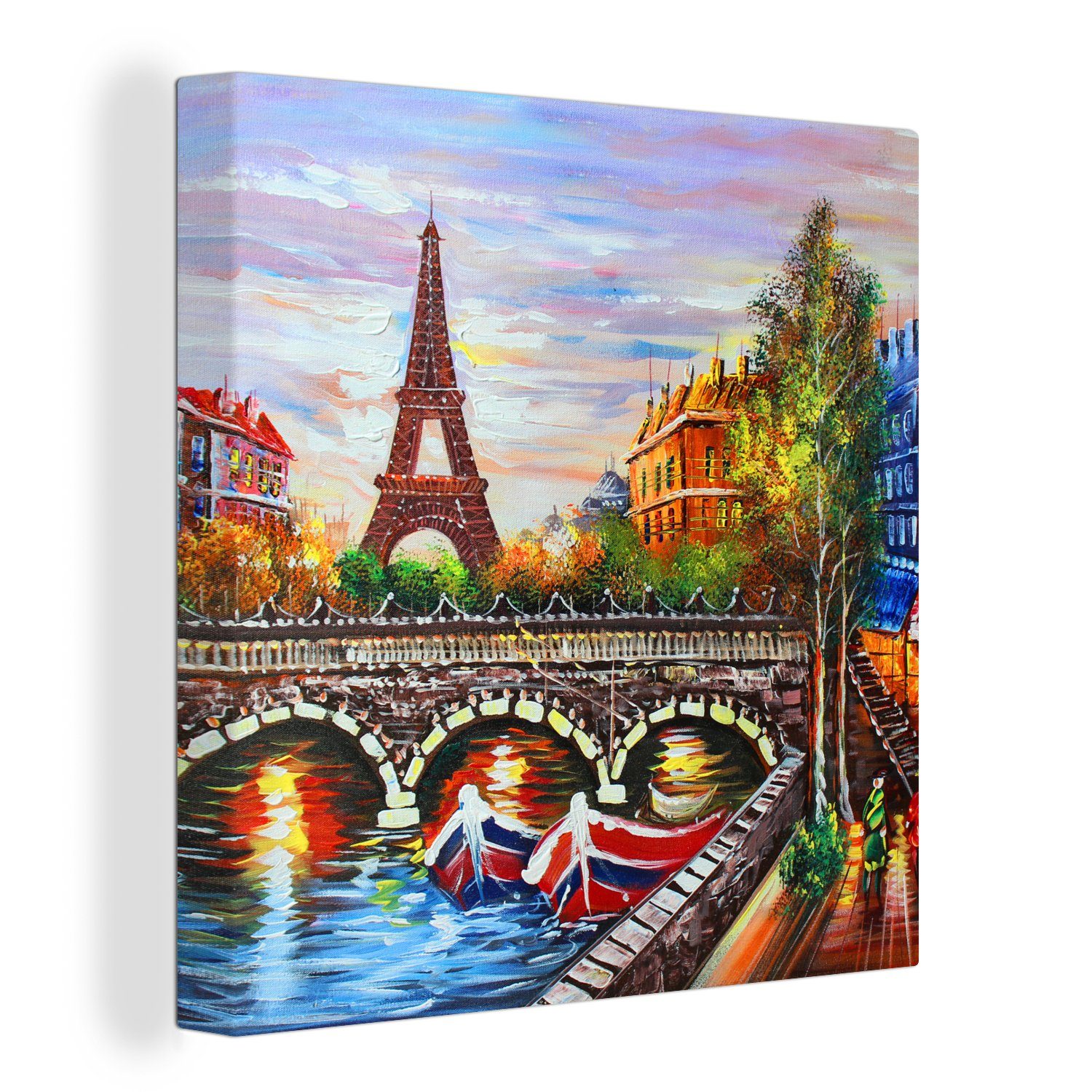 OneMillionCanvasses® Gemälde Gemälde - Öl - Eiffelturm - Paris - Wasser, (1 St), Leinwand Bilder für Wohnzimmer Schlafzimmer