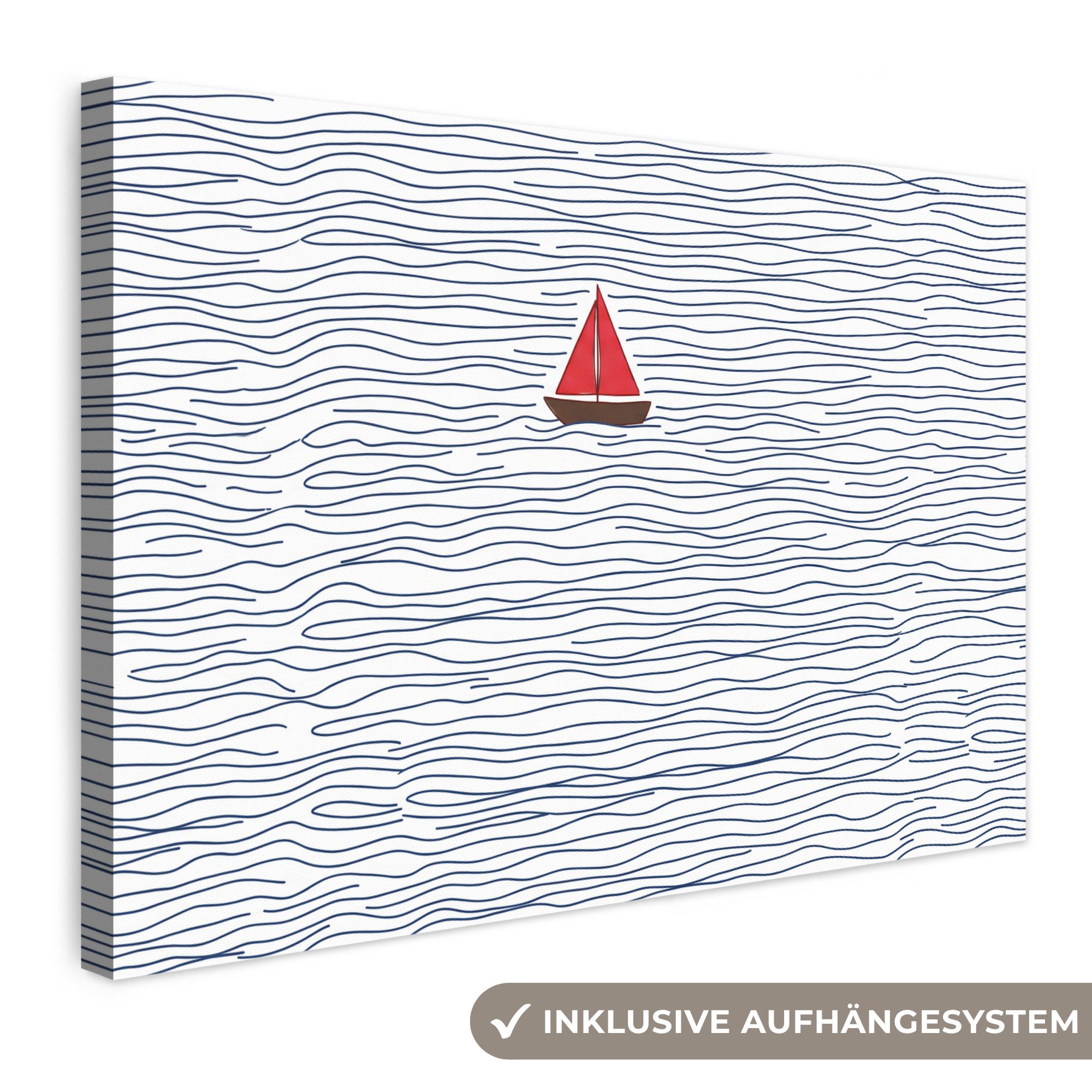 OneMillionCanvasses® Leinwandbild Boot – Wasser – Rot – Illustration – Minimalistisch, Fotodruck (1 St), Leinwand Bilder Klein, Wand Dekoration Aesthetic 30x20 cm