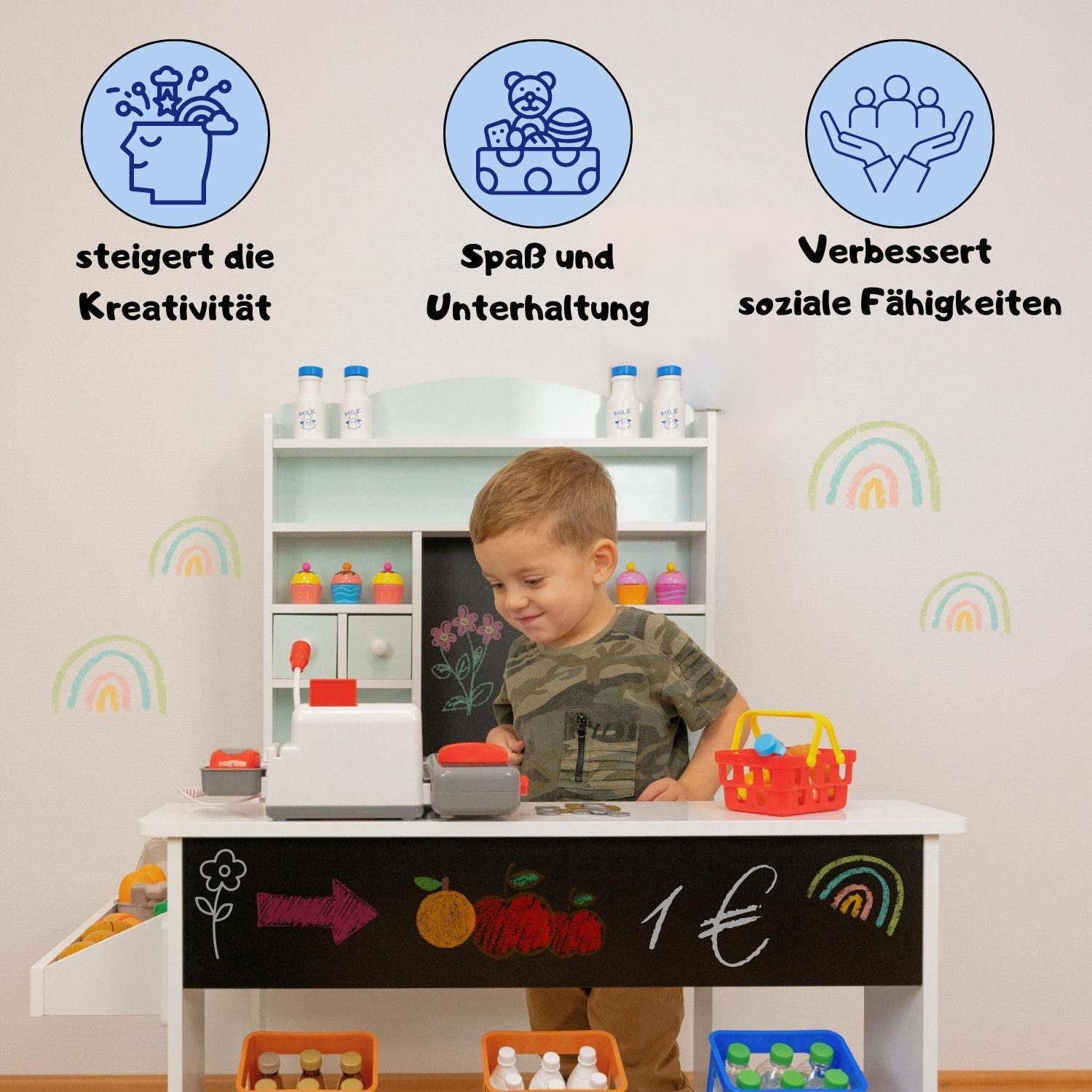 Coemo Kaufladen NICOLA, Grün Verkaufsstand Kaufmannsladen Holz mit Theke Kreidetafel Schublade