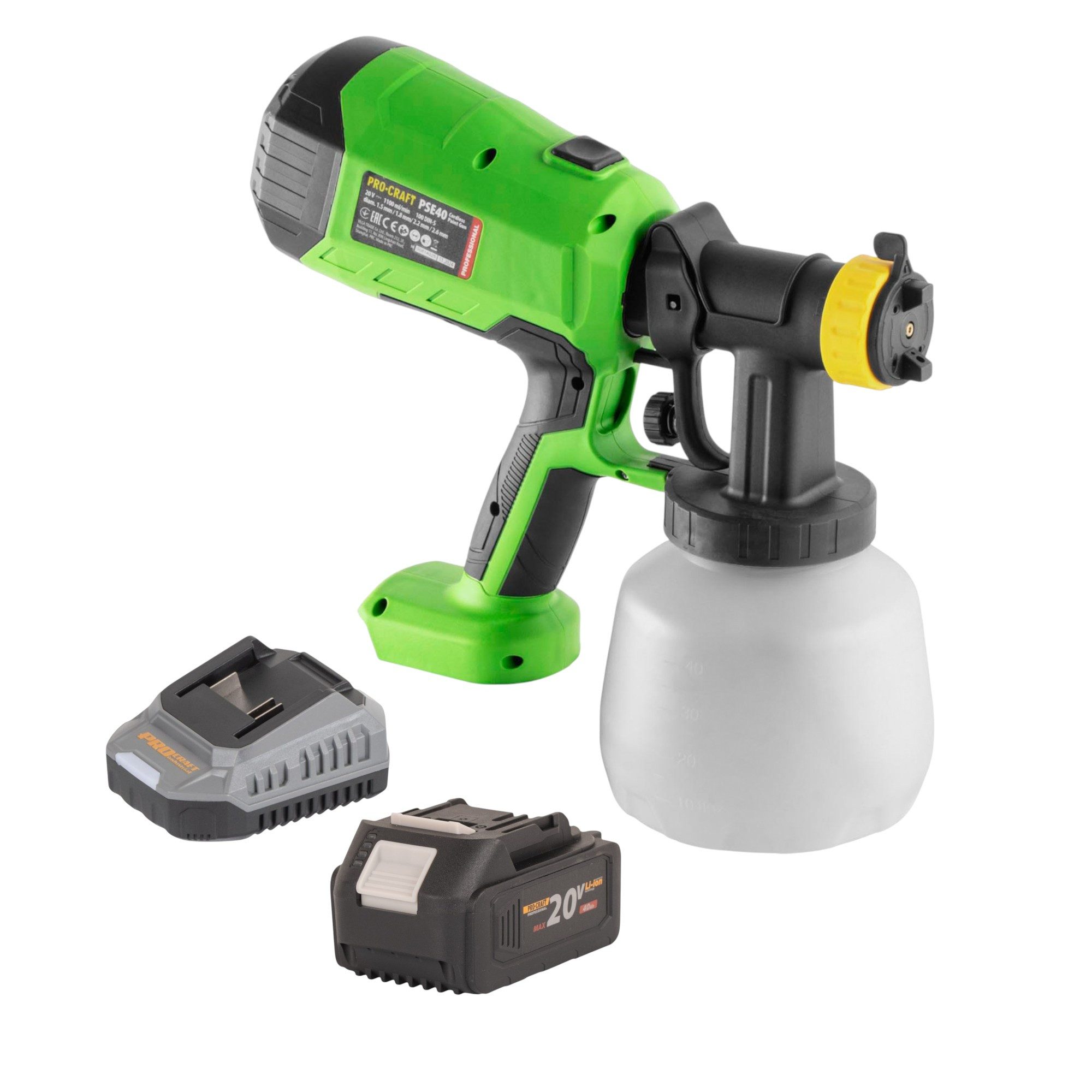 PRO CRAFT Farbsprühgerät PSE40bb Akku Farbspritzpistole 20 V + 1x Akku 4,0 Ah + Ladegerät