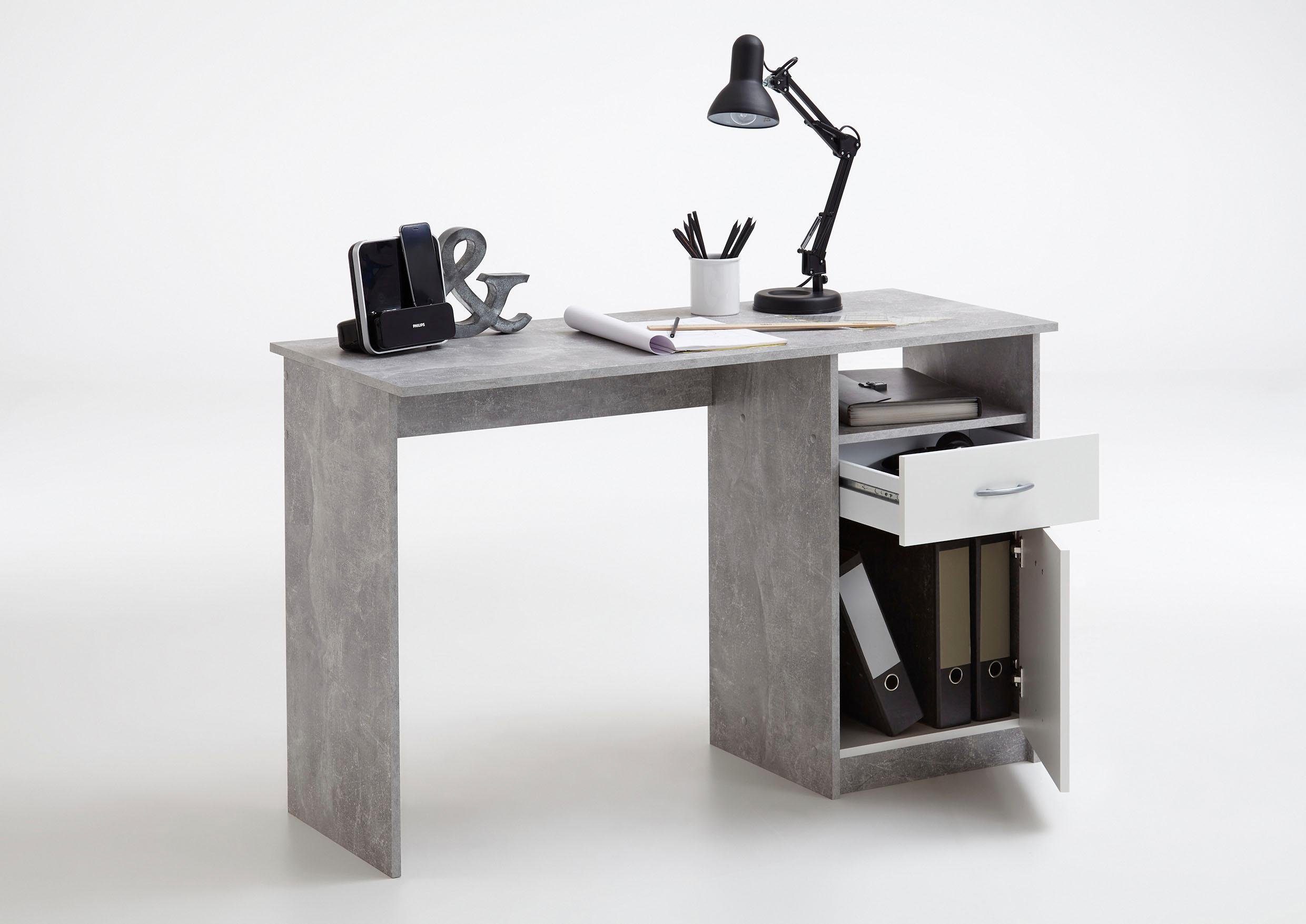 FMD Schreibtisch Jackson, mit 1 Schubkasten und 1 Tür betonfarben/weiß