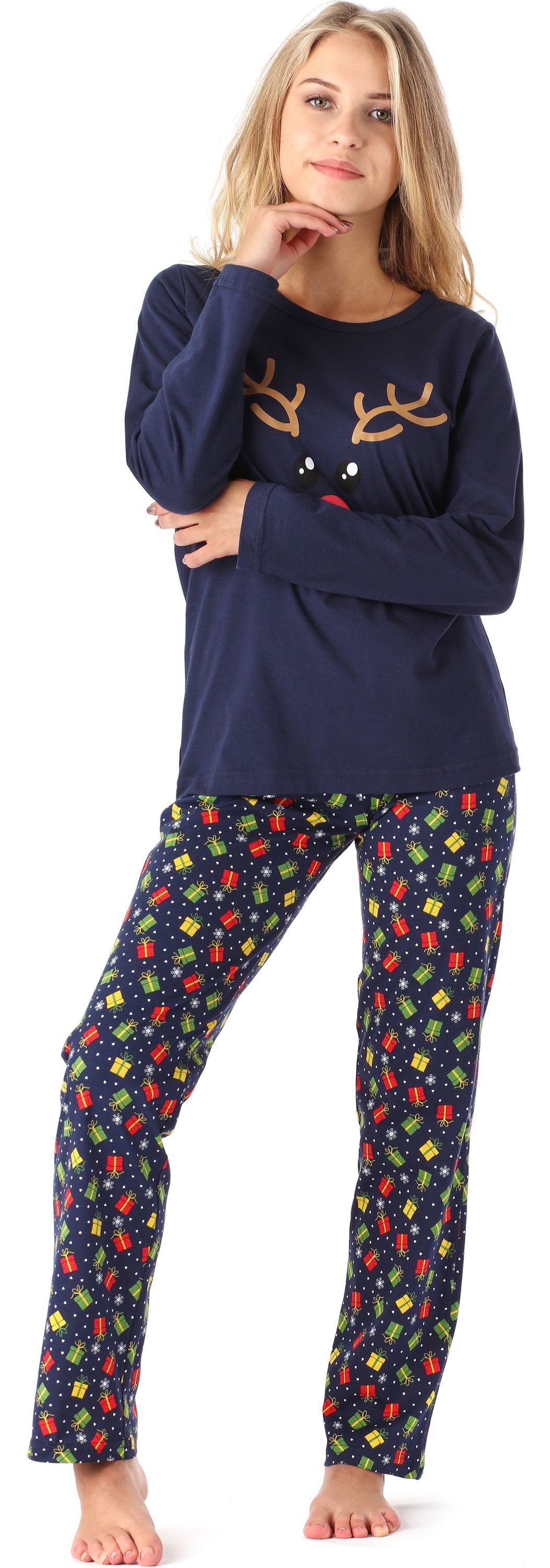 Zweiteilieger Geschenke Damen Marine Pyjama Schlafanzug Winter Merry Lang Style MS10-192 Schlafanzug