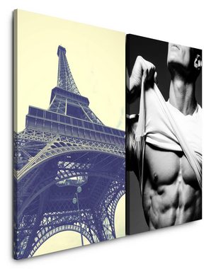 Sinus Art Leinwandbild 2 Bilder je 60x90cm Paris Eiffelturm Mann Sixpack Muskulös Akt Erotisch
