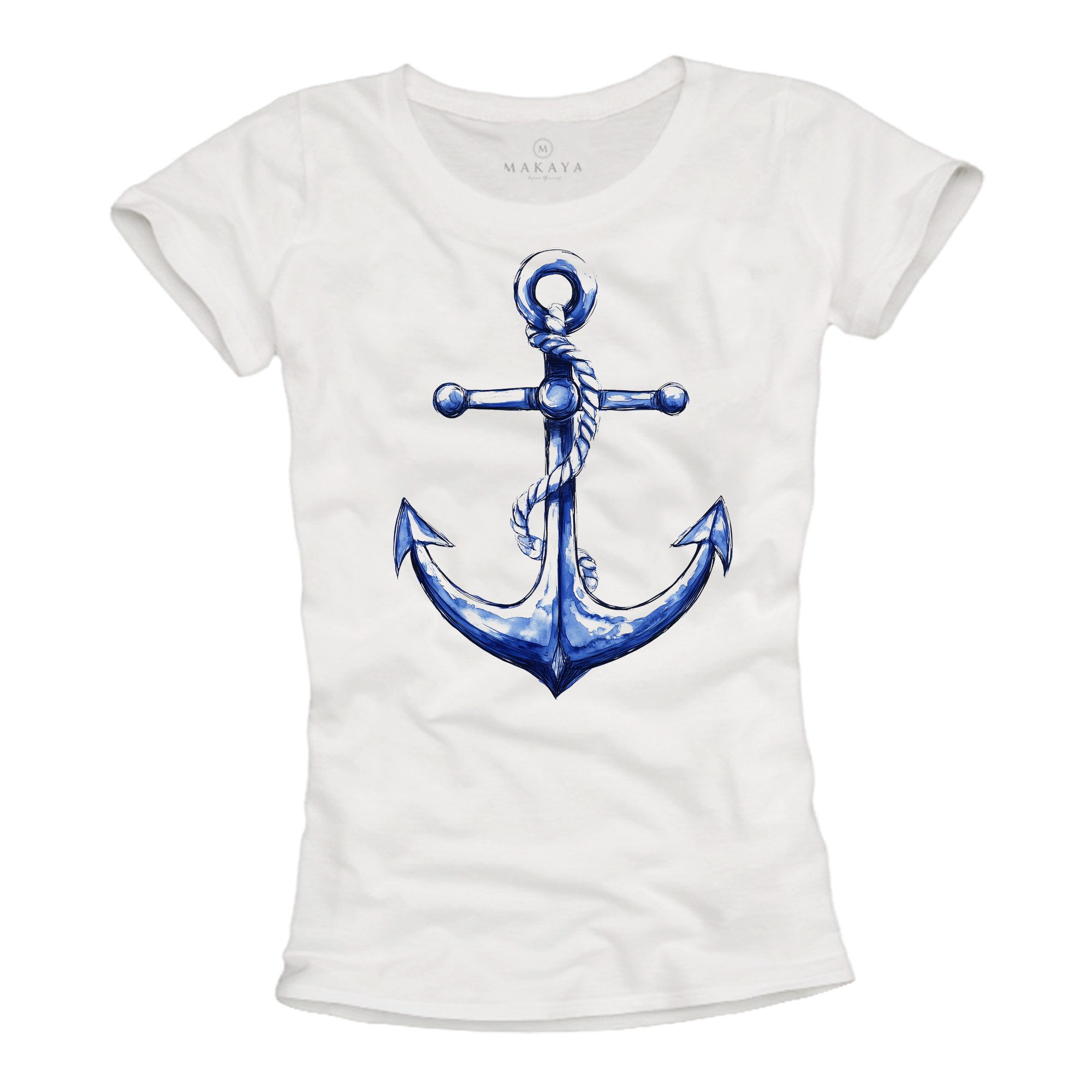 Print-Shirt für Damen mit Ankermotiv Basic Kurzarm Top Weiß Anker Aufdruck
