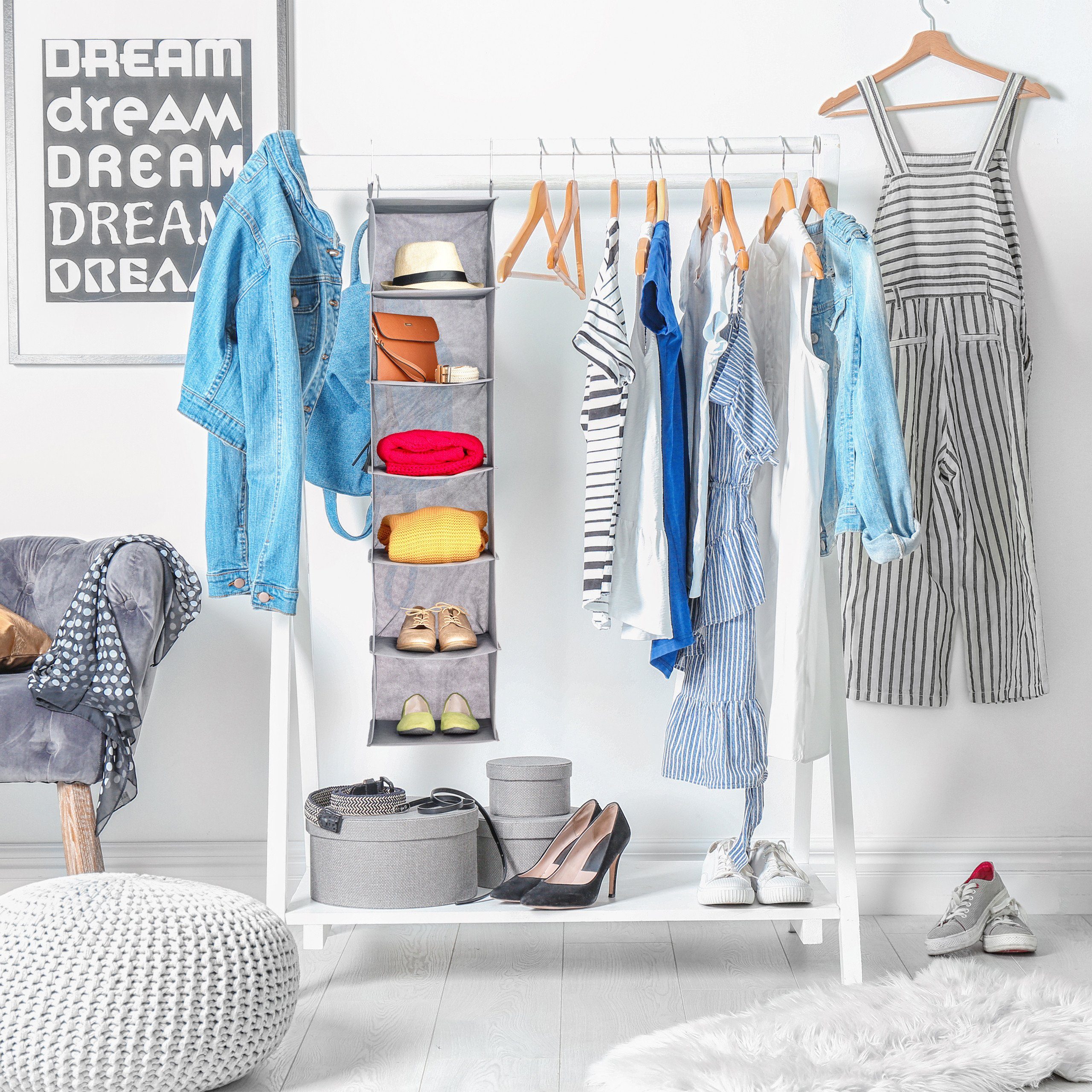 relaxdays Hängeregal Kleiderschrank 6 Fäch, Grau günstig online kaufen