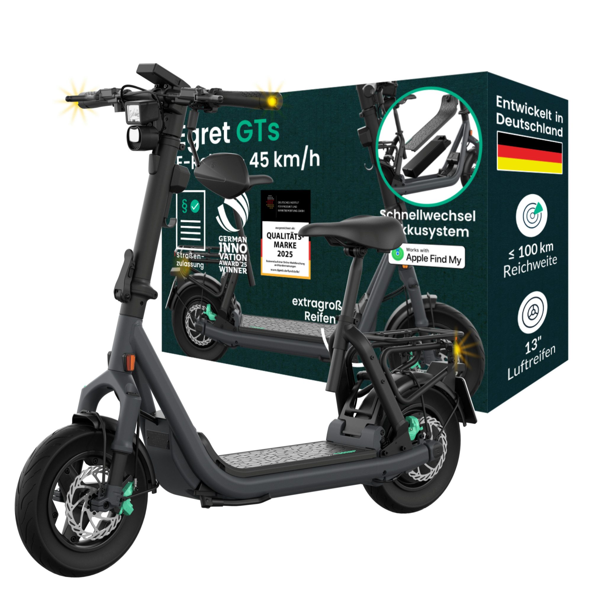 Egret E-Mofaroller GTs, FEDERUNG, APPLE FIND MY, ≤100 km, 1890 W, 45 km/h, Wechselakku-System, Vollfederung, Scheibenbremsen, App, NFC, USB-C