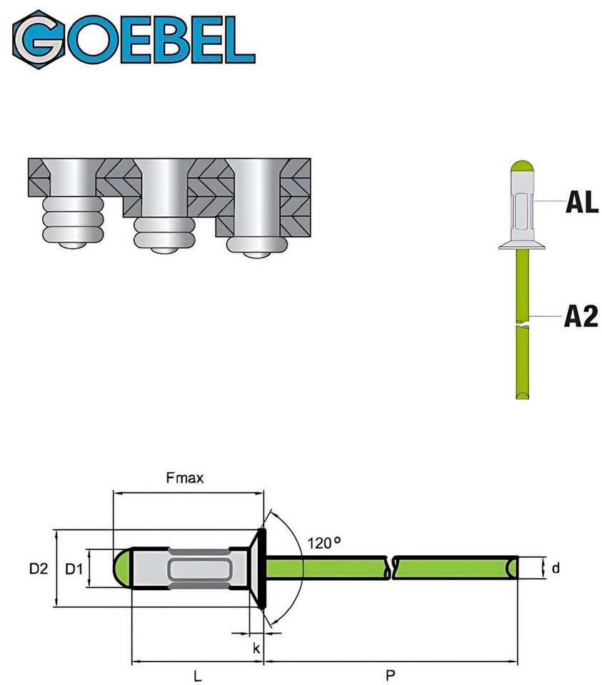 Thumbnail - GOEBEL GmbH Blindniete, (500x Mehrbereichsblindniete Aluminium / Edelstahl A2-V2A - 4,8 x 16,9 mm, 500 St., Senkkopf Nie...