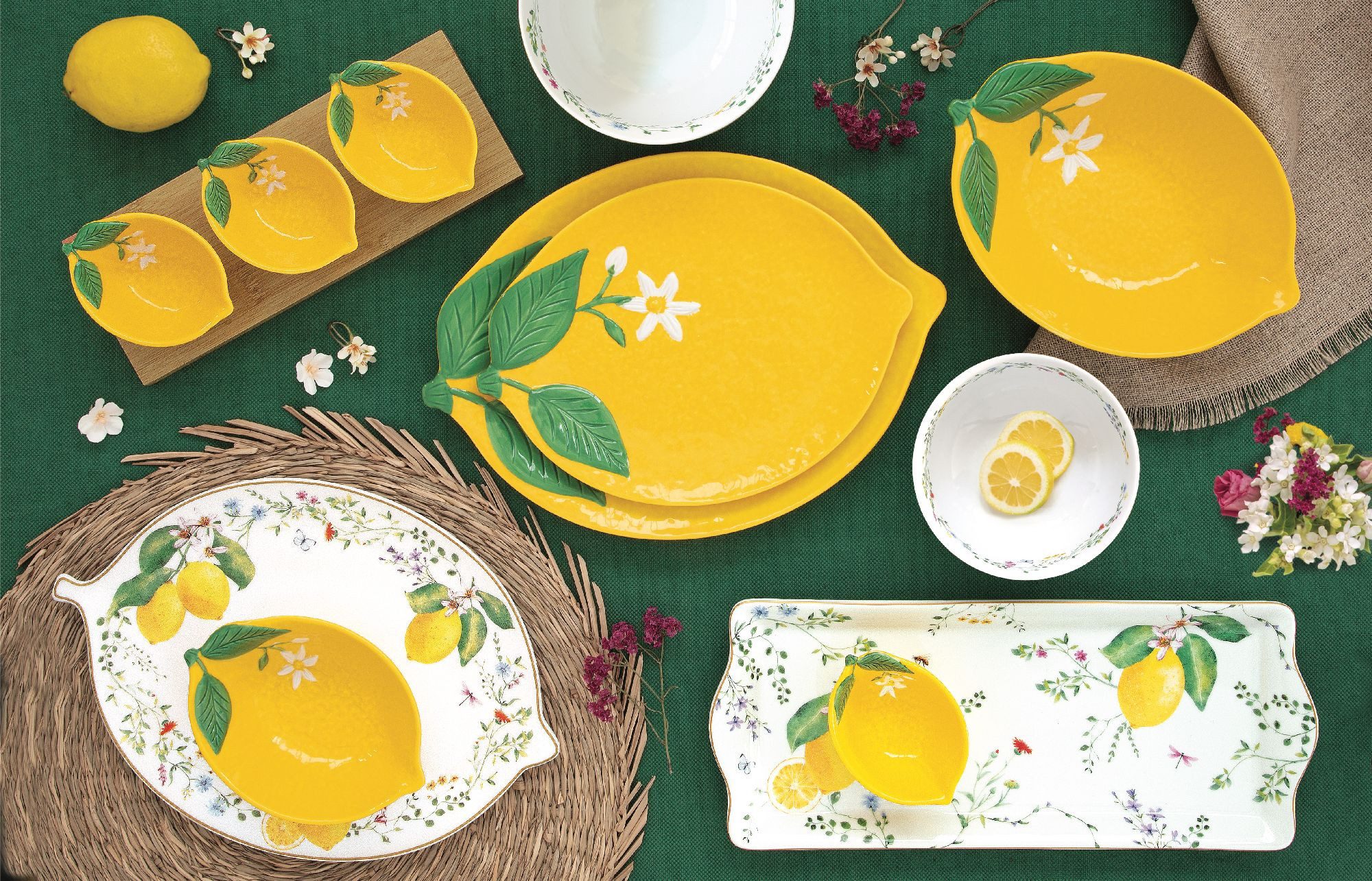 EasyLife Servierschale Fleurs et Citrons, Porzellan, Spülmaschinengeeignet, Mehrfarbig, Zitronen, H: 4.5cm