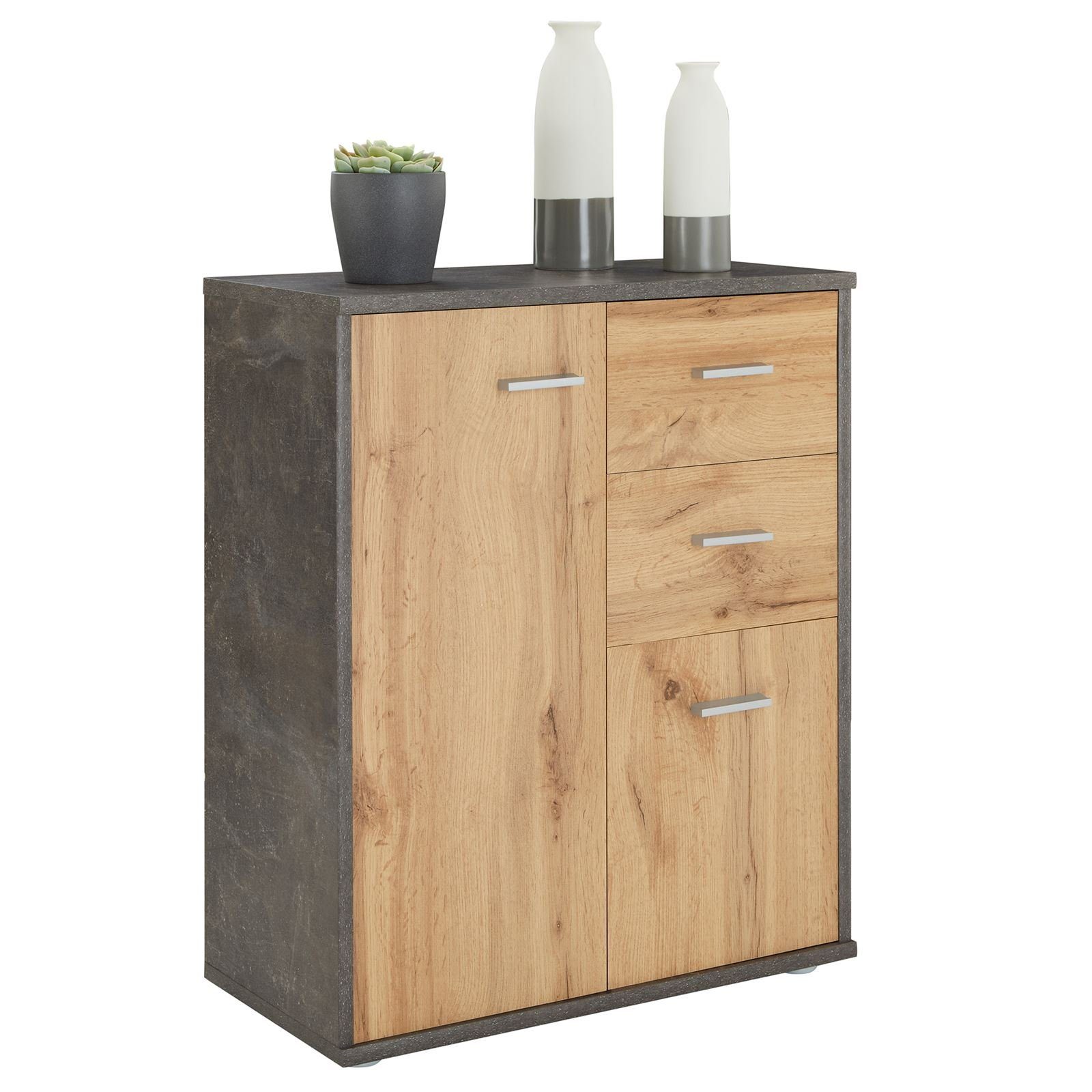 CARO-Möbel Highboard LOCARNO, Kommode Sideboard Anrichte Beistell 2 Двери Schubladen Beton dunkel/Wo