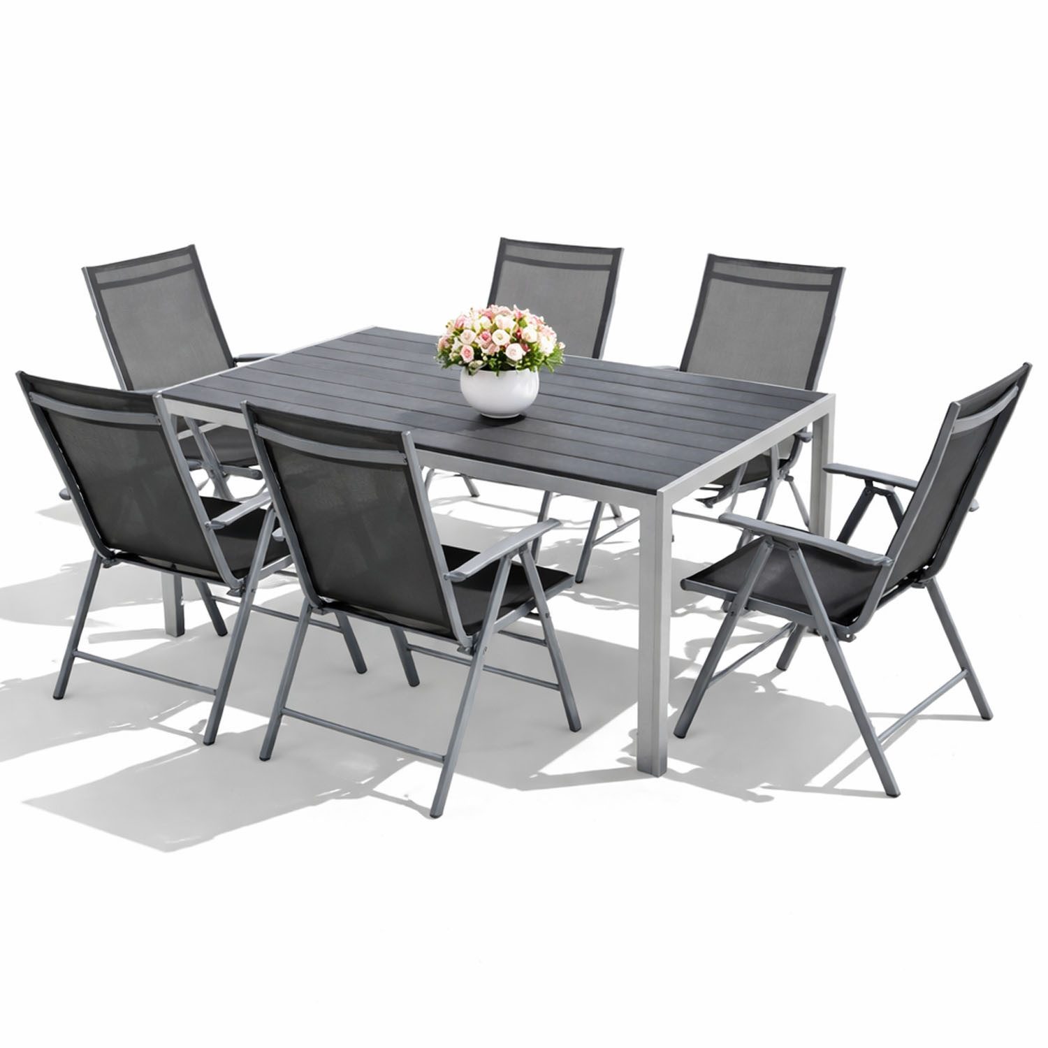 Mojawo Essgruppe 7tlg Gartenmöbel Set Alu Silber Non-Wood 180x90cm + 6 Hochlehner