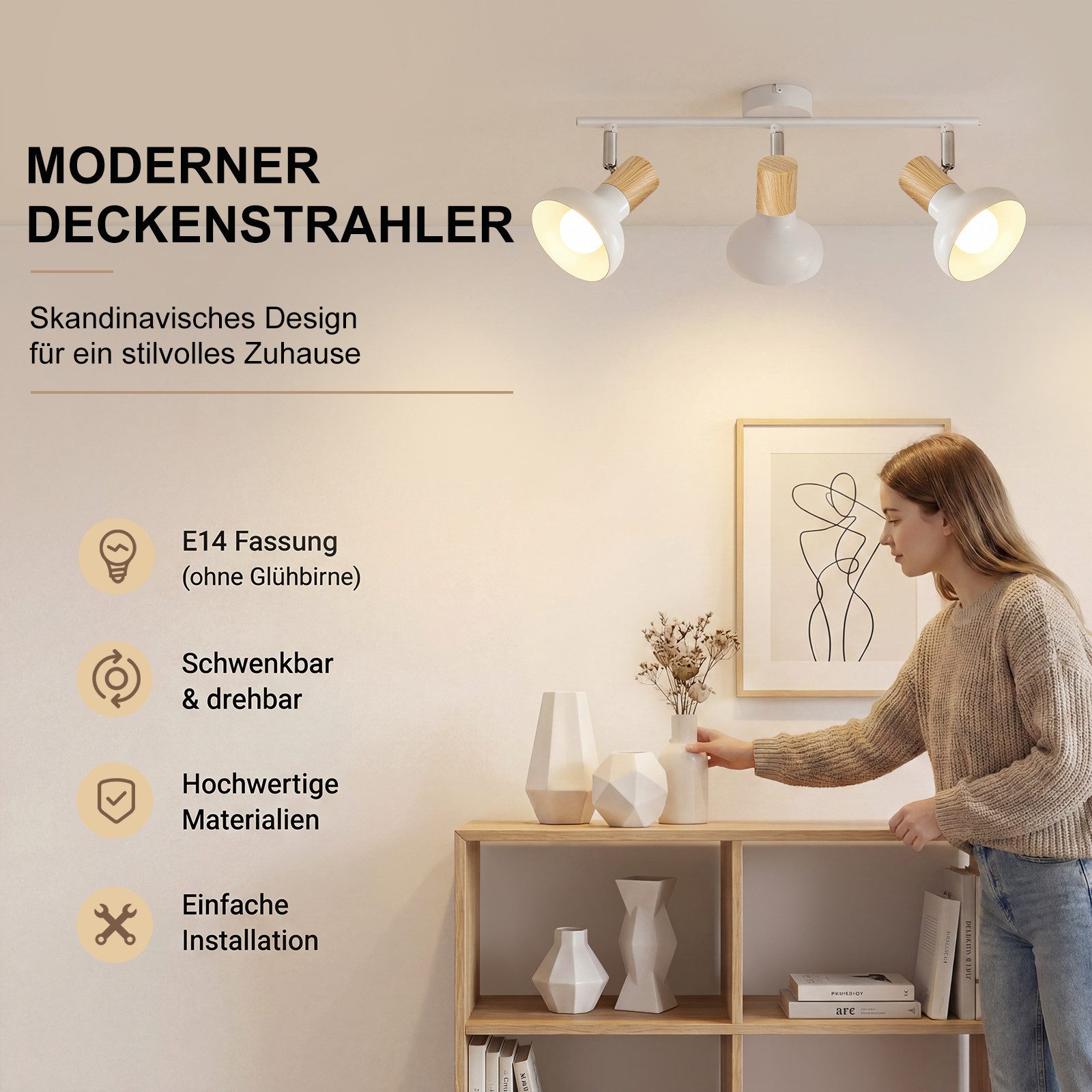 ZMH Deckenstrahler E14 Flammig Eisen Lampenschirm Deckenlampe Flur & Schlafzimmer, ohne Leuchtmittel, Weiß Schwenkbar 350° Modern Wohnzimmerlampe