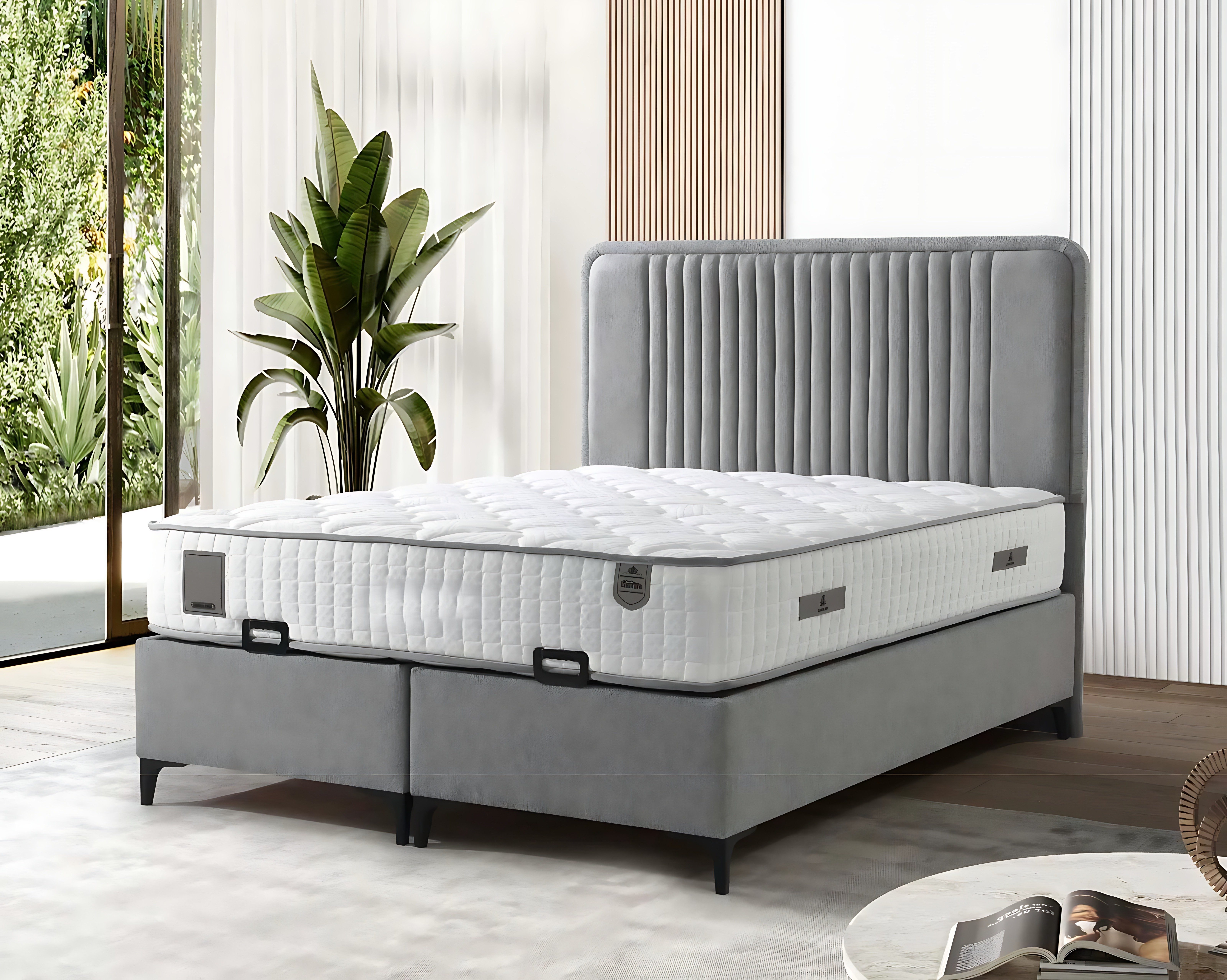 Xlmoebel Polsterbett Elegantes graues Bett mit Matratze aus Textil und Holz von XLMOEBEL (Bett mit Matratze, inkl. Matratze), Made in Europa