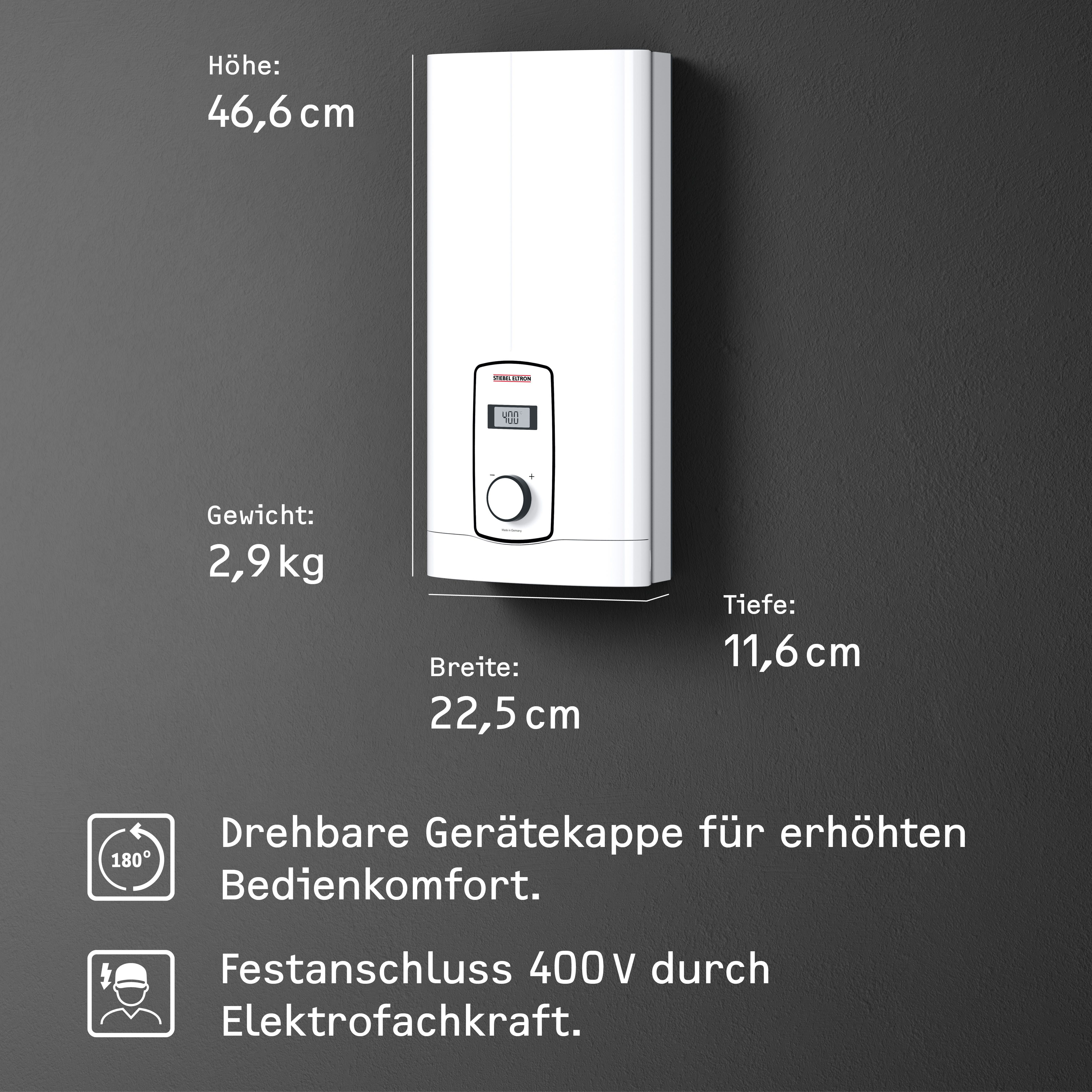 STIEBEL ELTRON Komfort-Durchlauferhitzer DHB-E 27 kW LCD, gradgenaue Temperaturwahl, elektronisch, min. 20 °C, max. 60 °C, 3i Technologie für konstante Warmwassertemperatur, LC-Display