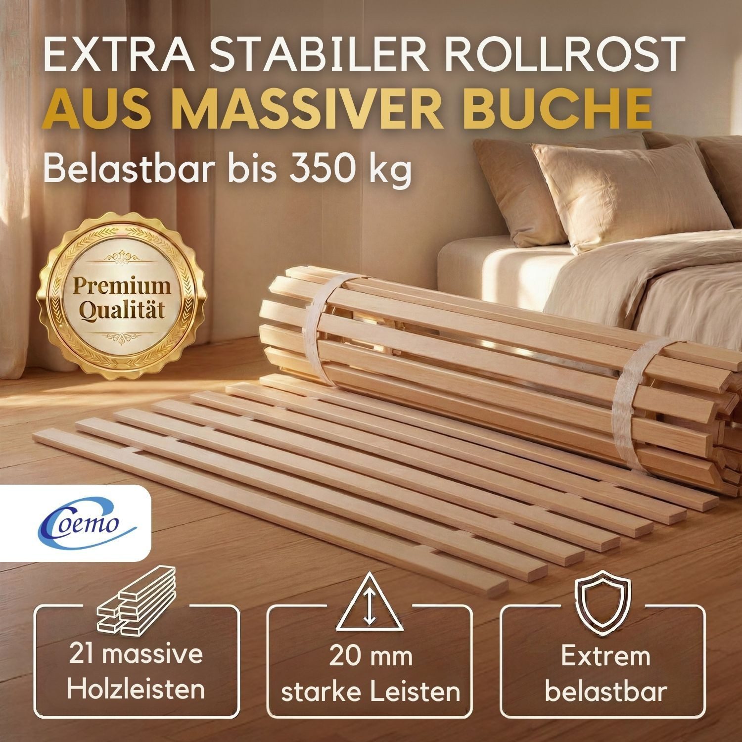 Rollrost, Coemo, Kopfteil nicht verstellbar, Fußteil nicht verstellbar, Rollrost 80x200, 21 Leisten extrem stabil