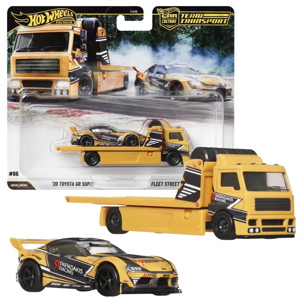 Hot Wheels Spielzeug-Rennwagen Toyota GR Supra & Fleet Street Hot Wheels Team Transport Fahrzeuge