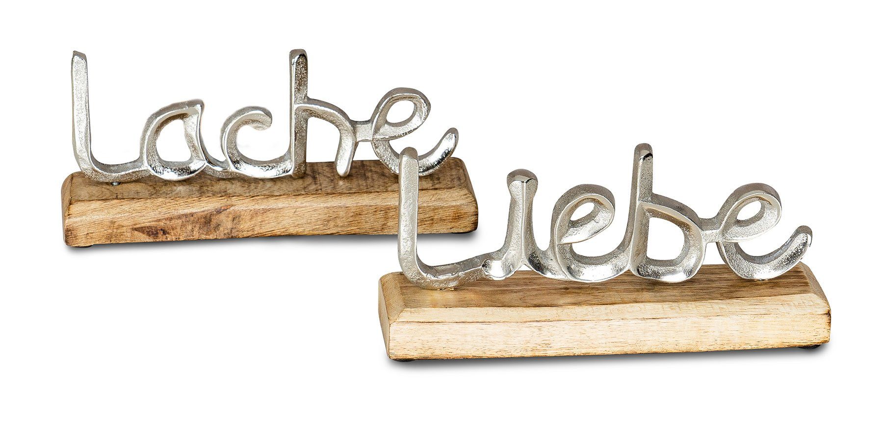 Levandeo® Deko-Schriftzug, 2er Set Schriftzug Liebe Lache L23cm Metall  Silber Mango Holz