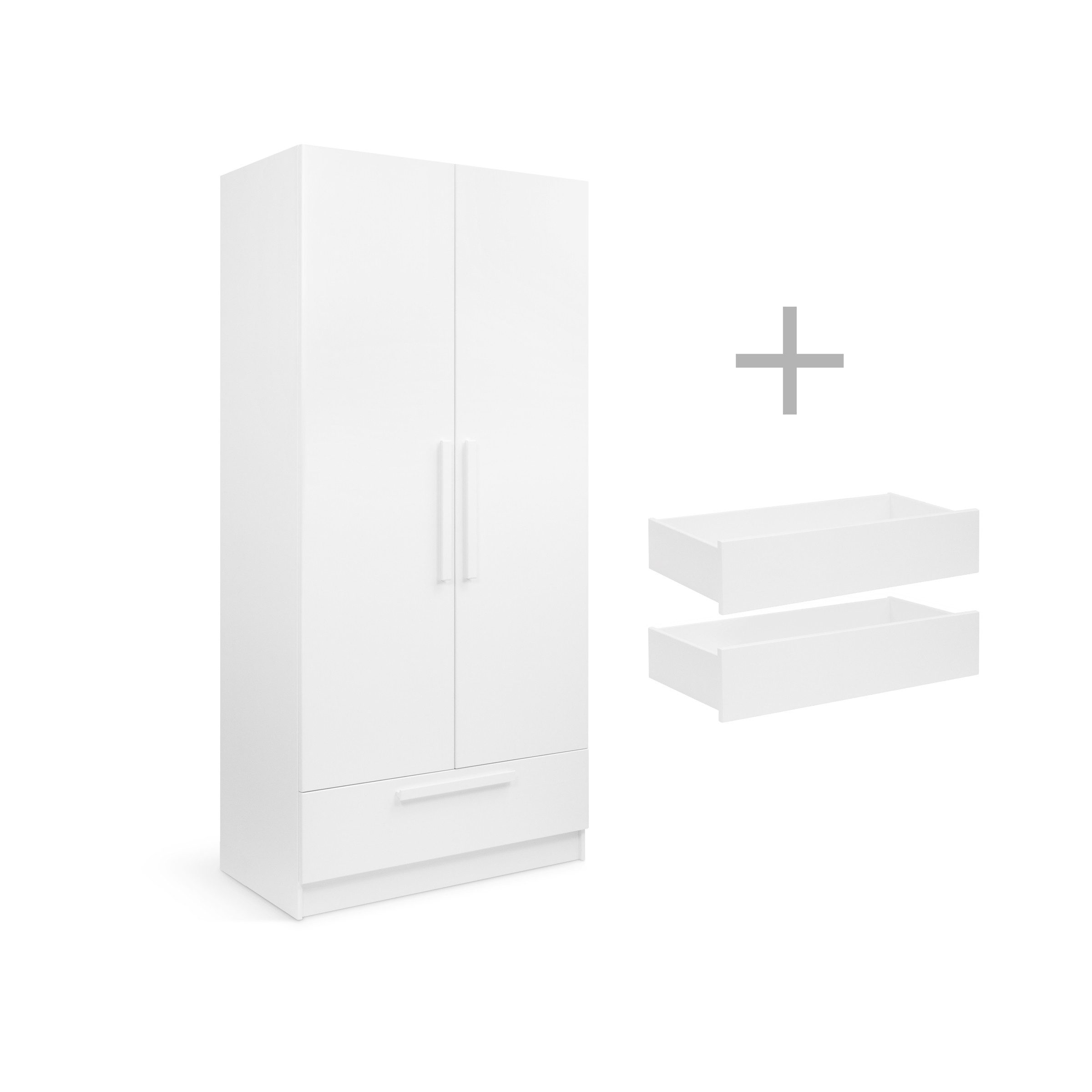 Ehrenkind Kleiderschrank Linia 100 cm aus Kiefernholz (inkl. Kleiderstange, 2 Einlegeböden, Schublade und 2 Innenschubladen, mehrstufige Stauraumlösung für Kleidung und Accessoires) flexible Innenaufteilung durch variables Rastersystem
