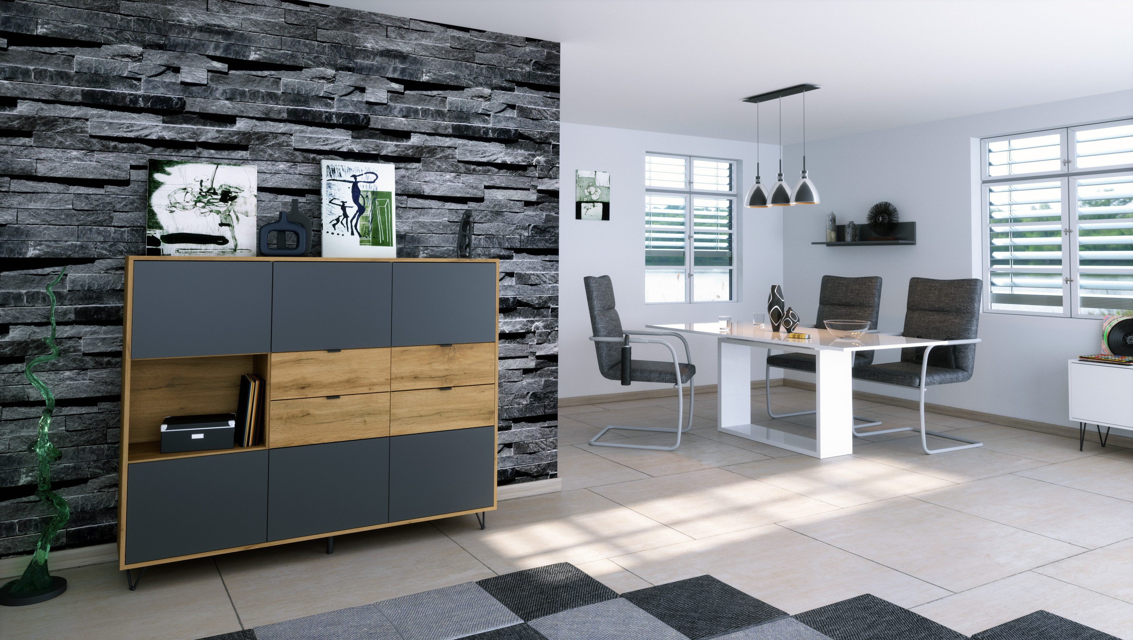 Vladon Highboard Marino (Highboard mit 6 Türen Anthrazit matt, 4 Schubladen Eiche Evoke, inkl. LED, Made in Germany), Korpus Eiche Evoke (152,5 x 125,5 x 37 cm)