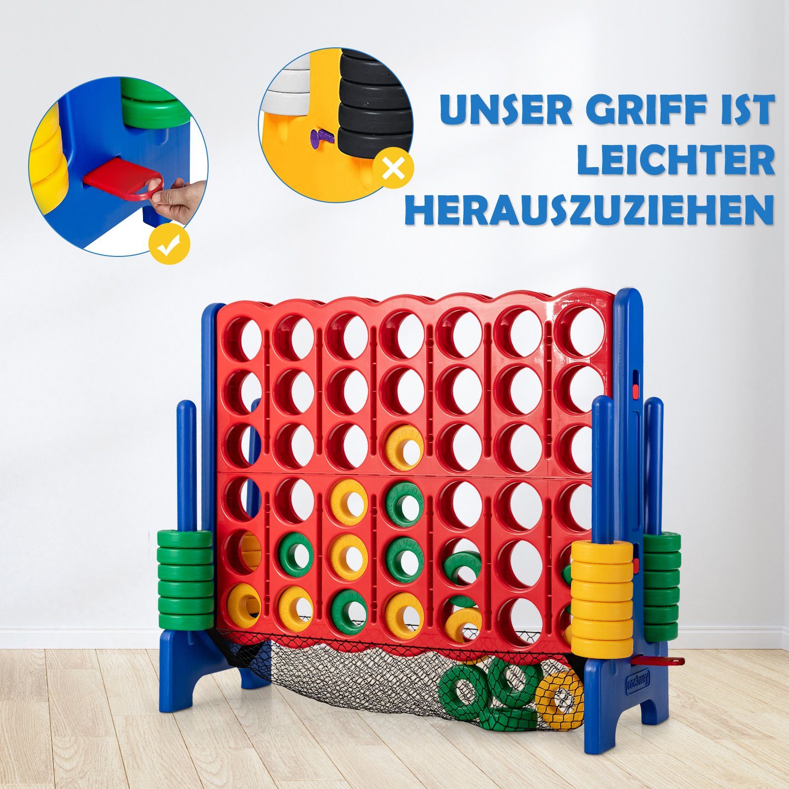 COSTWAY Spiel Riesiges 4 Gewinnt Spielset, inkl. 42 Jumbo Ringen und Schieberegler